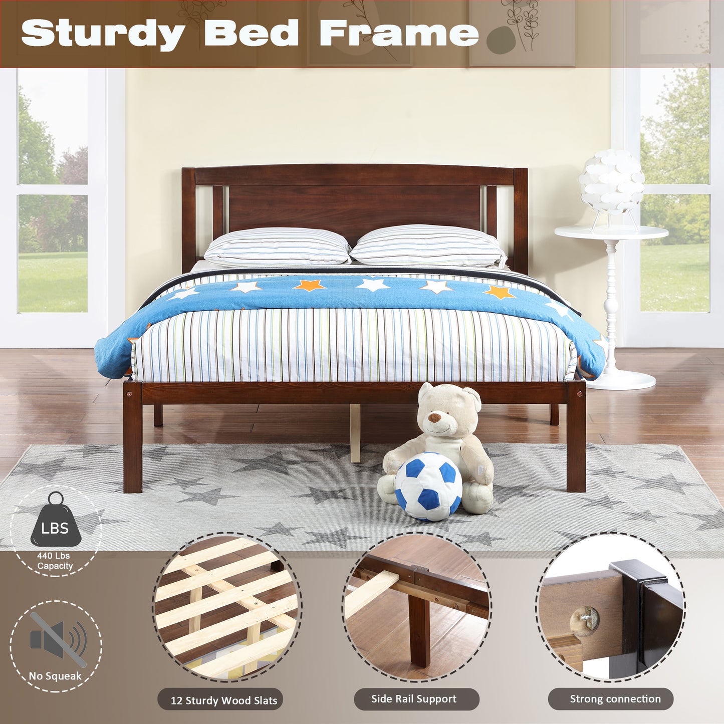 Full Size Bed, Wood Platform Bed Frame with Headboard For Kids, Slatted, Dark Walnut