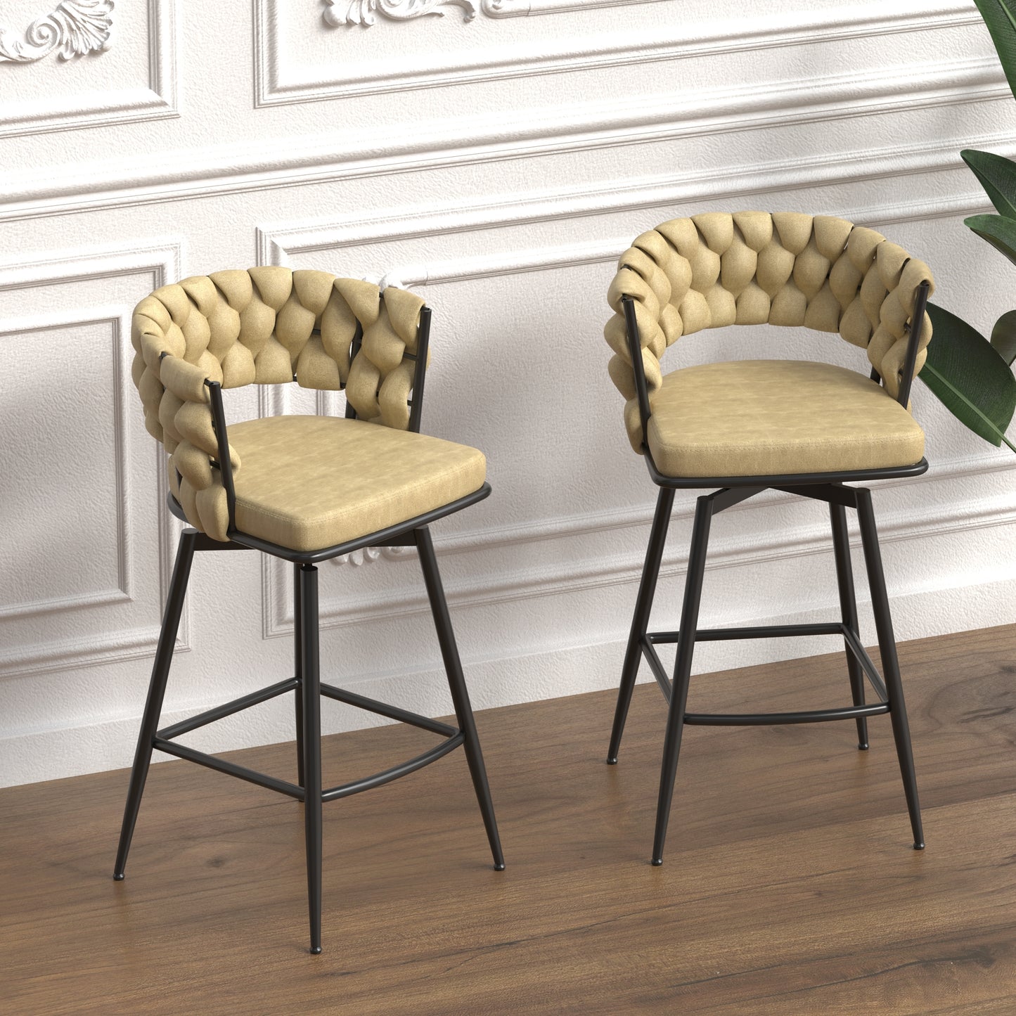 Technical Leather Woven Bar Stool Set of 2,Black legs Barstools No Adjustable Kitchen Island Chairs,360 Swivel Bar Stools Upholstered Counter Stool Arm Chairs with Back Footrest, (Light Brown)