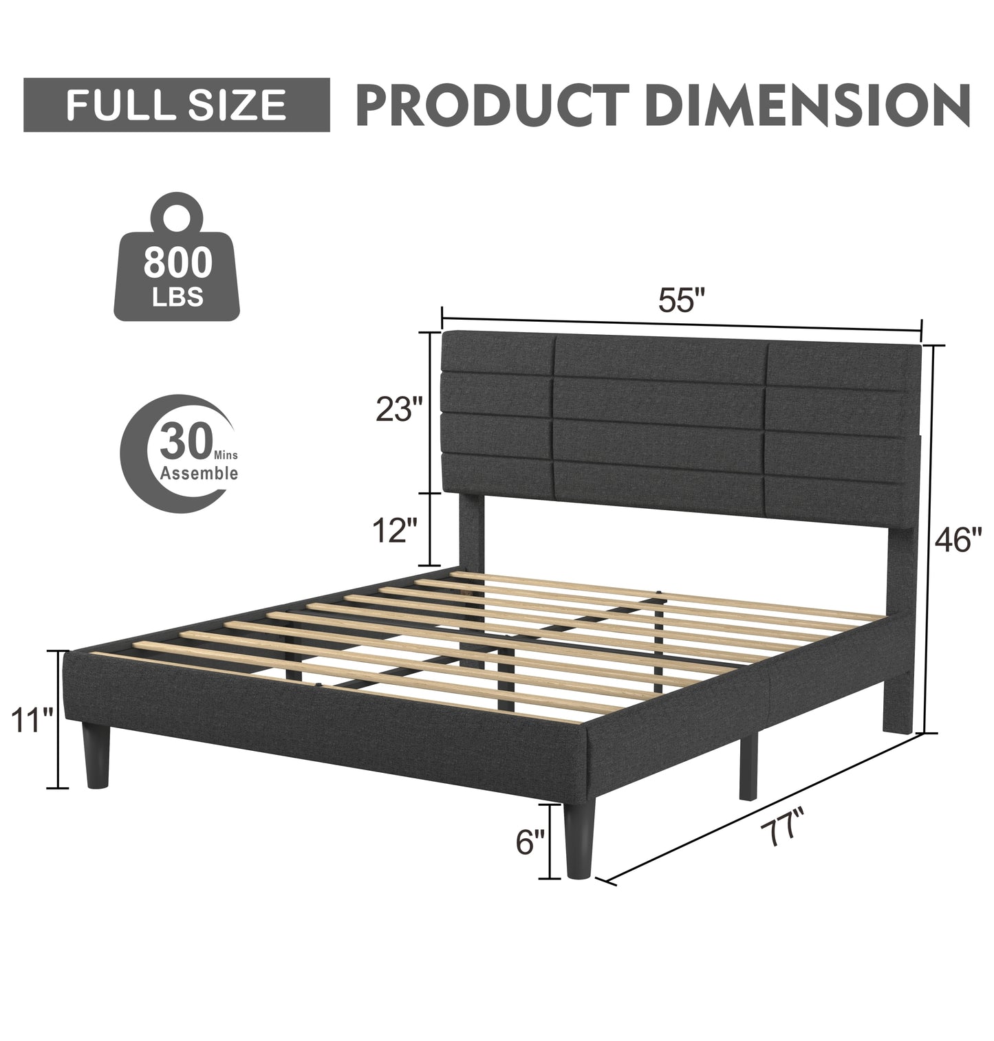 Molblly Full Size Bed Frame with Upholstered Headboard, Strong Frame, and Wooden Slats Support, Non-Slip and Noise-Free, No Box Spring Needed, Easy Assembly, Dark Grey