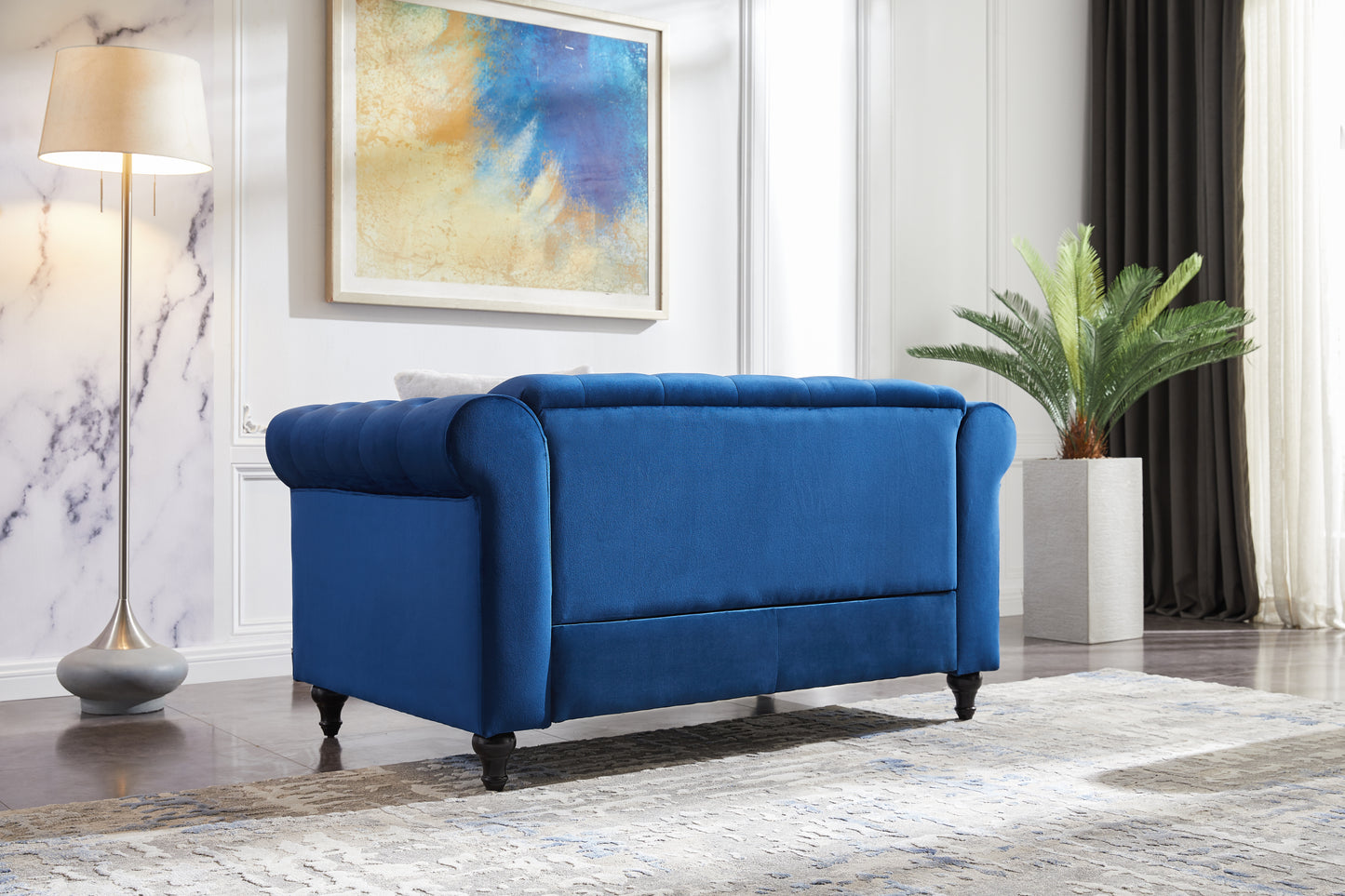 Sofa chair, with button and copper nail on arms and back, one white villose pillow, velvet Blue (38"x34.5"x30")