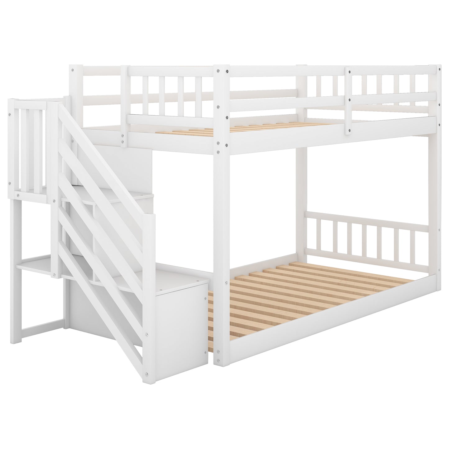 White Twin Floor Bunk Bed with Ladder and Storage