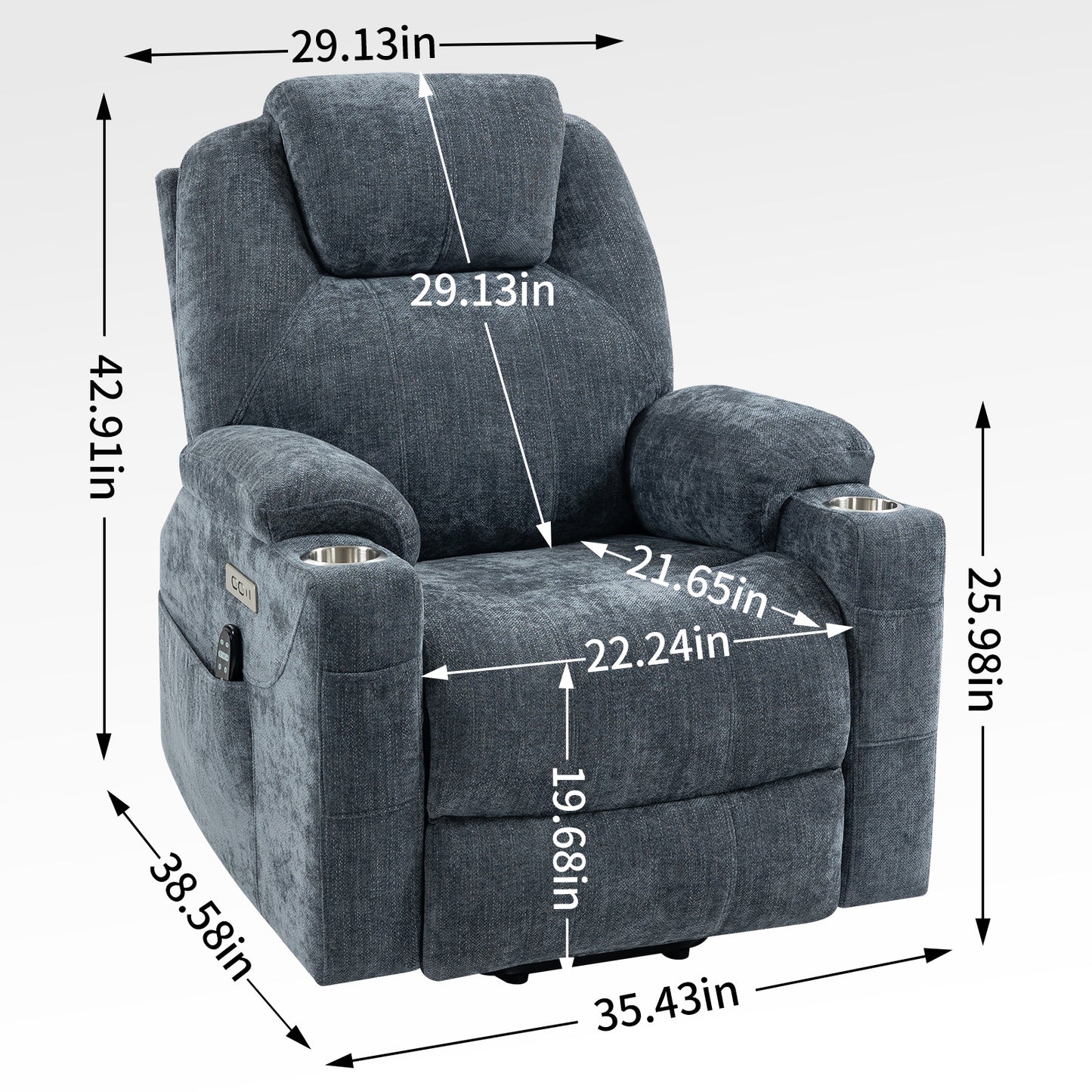 Blue Chenille Power Lift Recliner Chair with Massage and Lumbar Heating