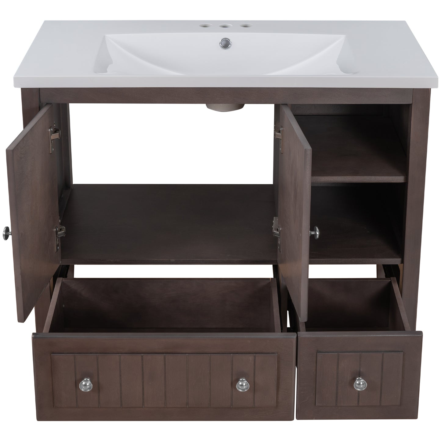 36" Bathroom Vanity with Ceramic Basin, Bathroom Storage Cabinet with Two Doors and Drawers, Solid Frame, Metal Handles, Brown