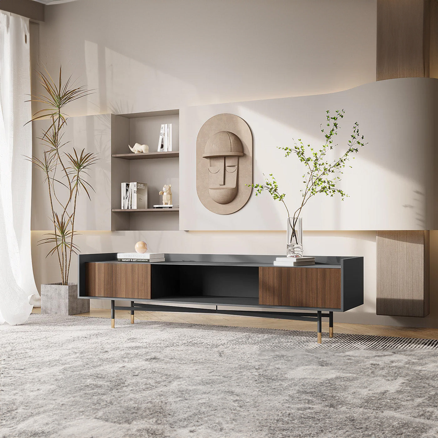 Elegant Minimalist Walnut TV Stand 78.7x15.7x20.4 in