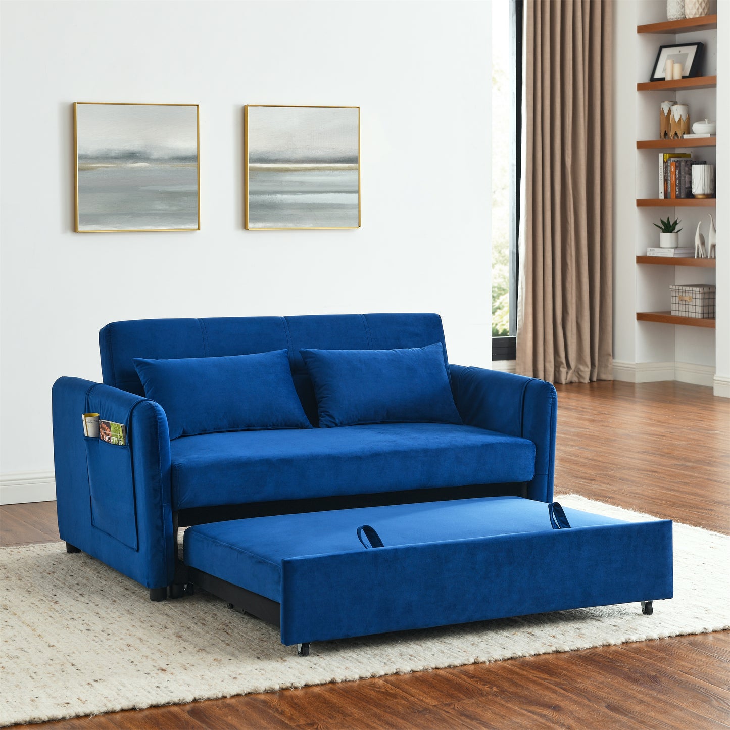 Convertible Sofa Bed, 3-in-1 Versatile Velvet Double Sofa with Pullout Bed, Seat with Adjustable Backrest, Lumbar Pillows, and Living Room Side Pockets, 54 Inch, Blue