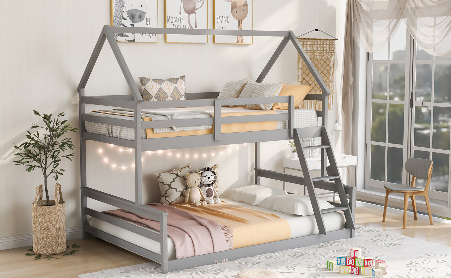 Gray Twin over Full House Bunk Bed with Loft Ladder