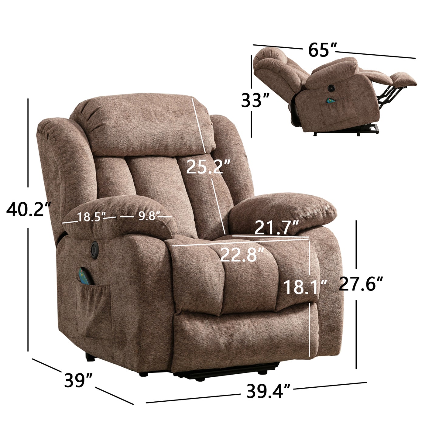 Comfort Plus Brown Power Lift Recliner Chair with Heat & Massage for Seniors and Heavy-Duty Support