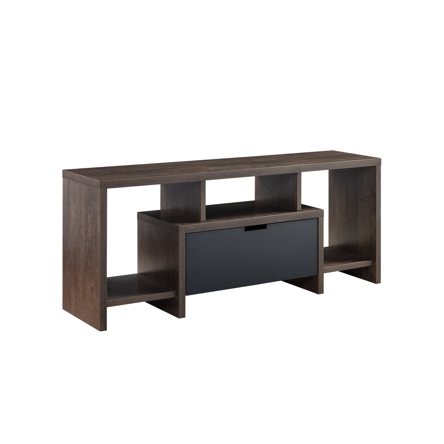 Walnut Oak and Black TV Stand: Modern Entertainment Center with Drawer and Shelves