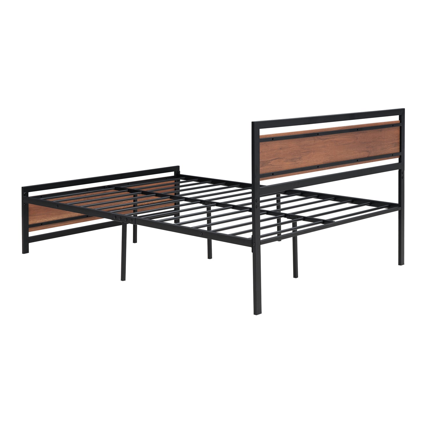 Full Size Platform Bed, Metal and Wood Bed Frame with Headboard and Footboard , Black