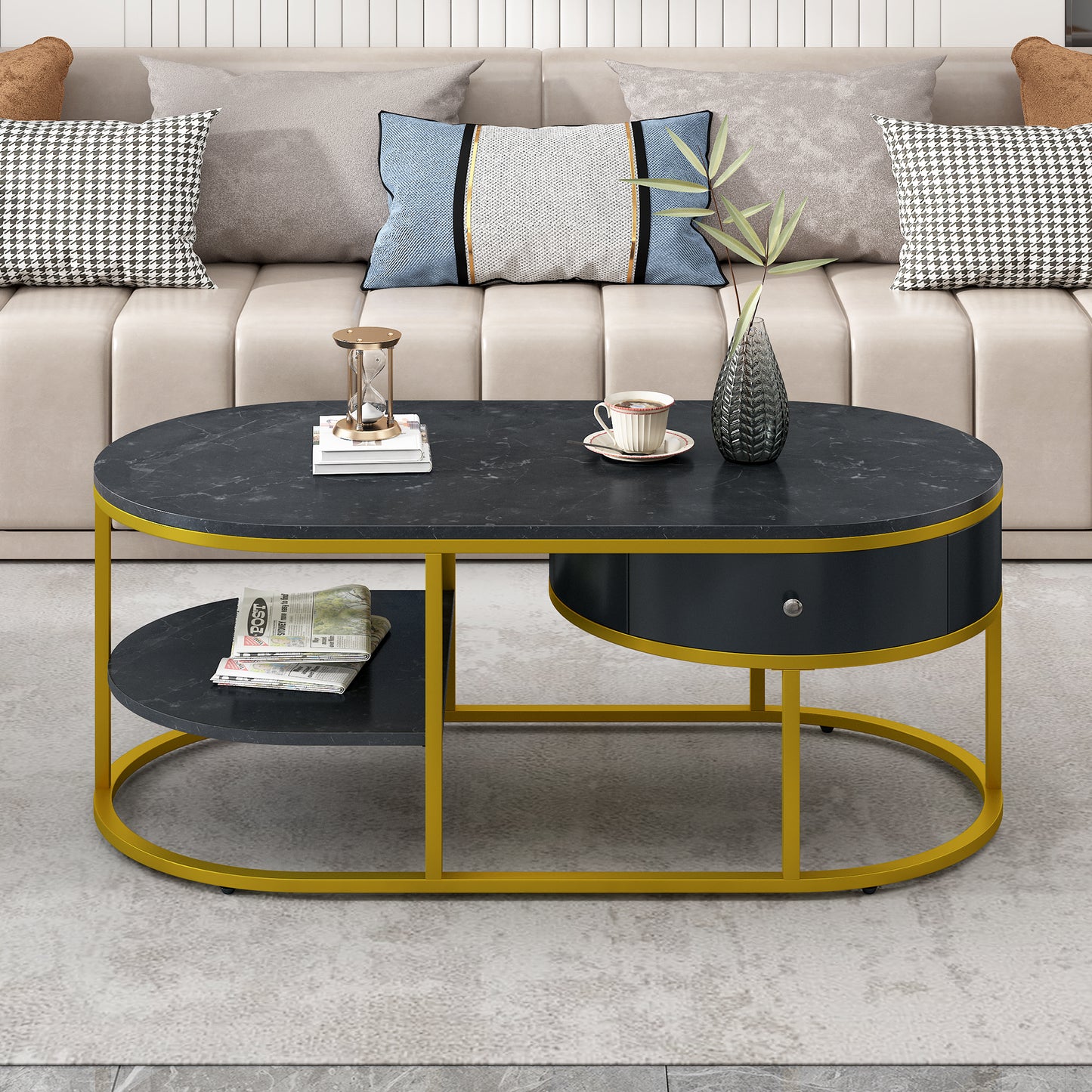 Golden Marble Coffee Table with Metal Frame, Drawers & Shelves for Living Room