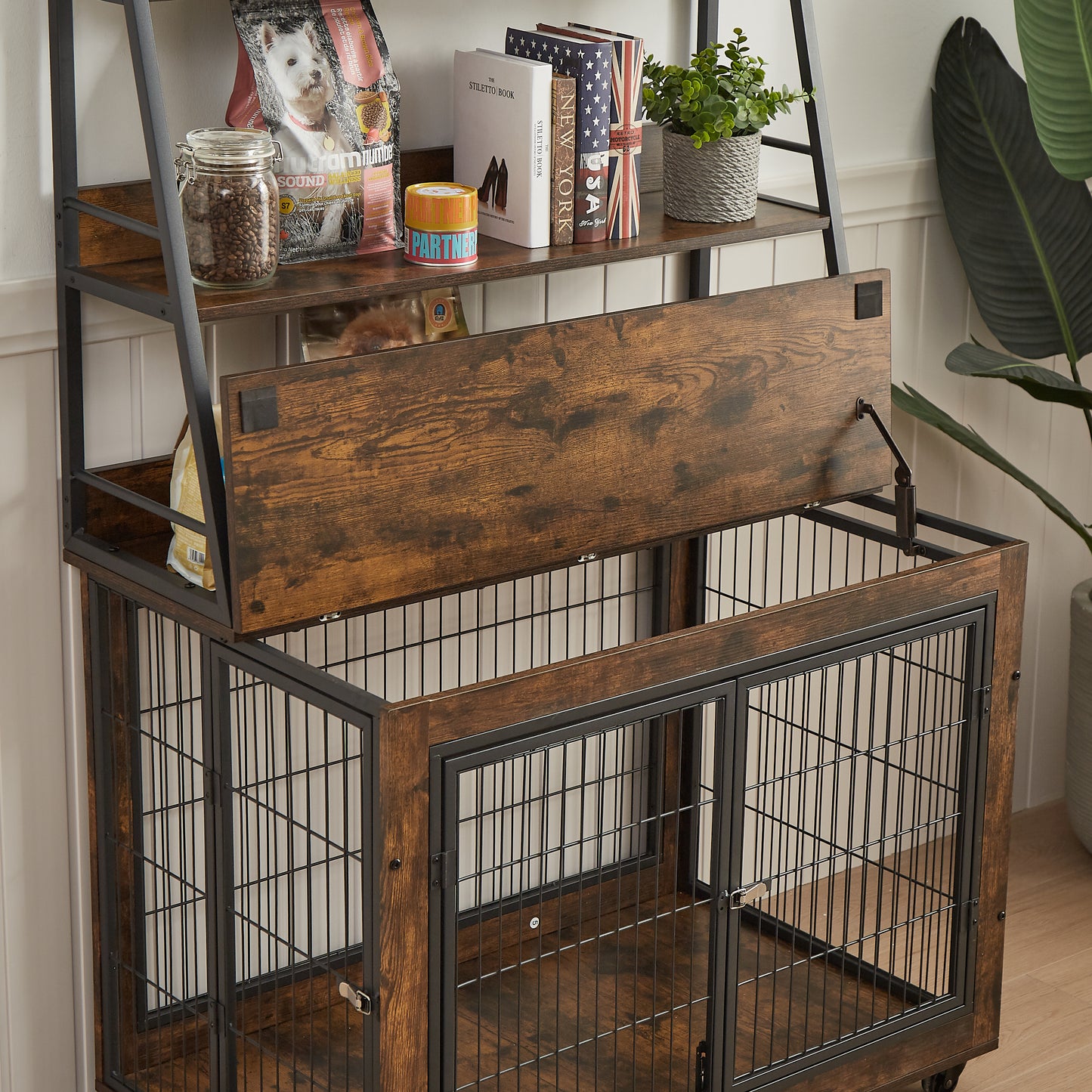 Furniture style dog crate side table with shelves, equipped with double doors and a raised roof. Rustic Brown, 38.58 ''w x 25.5 ''d x 57 ''h