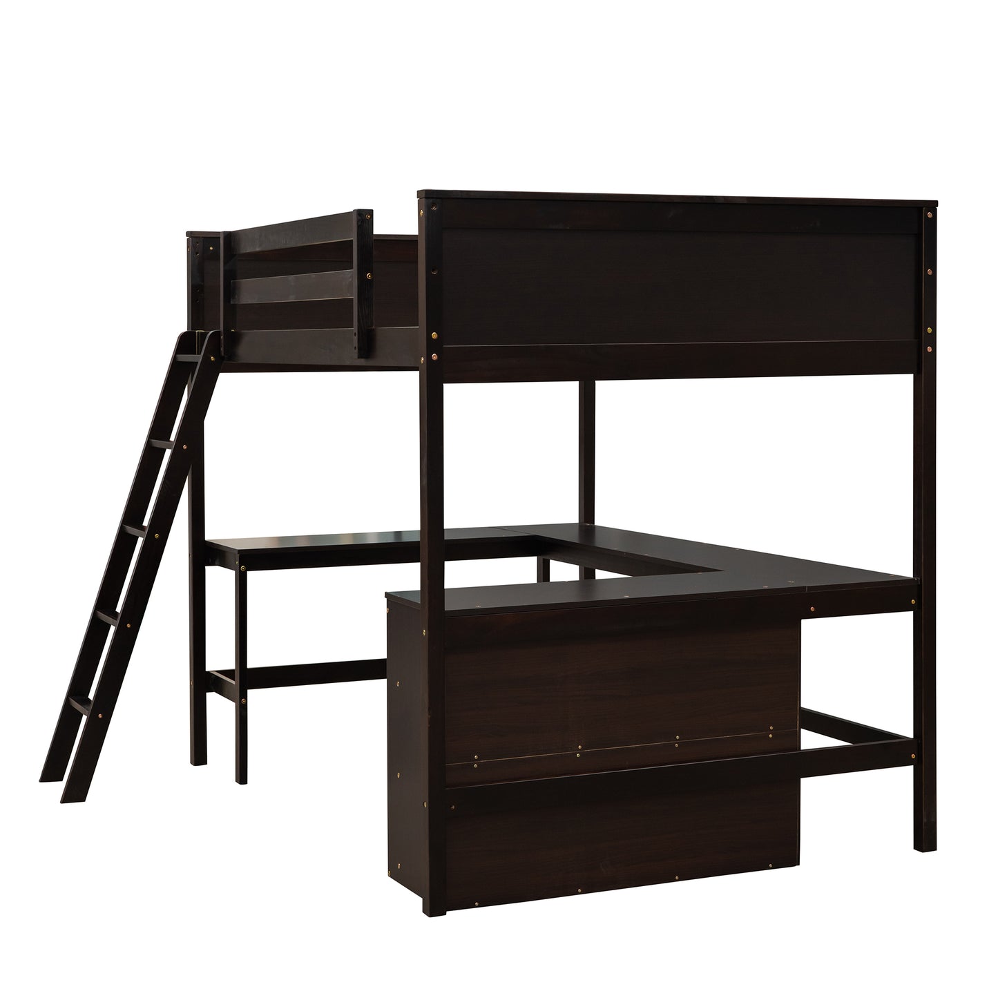 Full size Loft Bed with Shelves and Desk, Wooden Loft Bed with Desk - Espresso