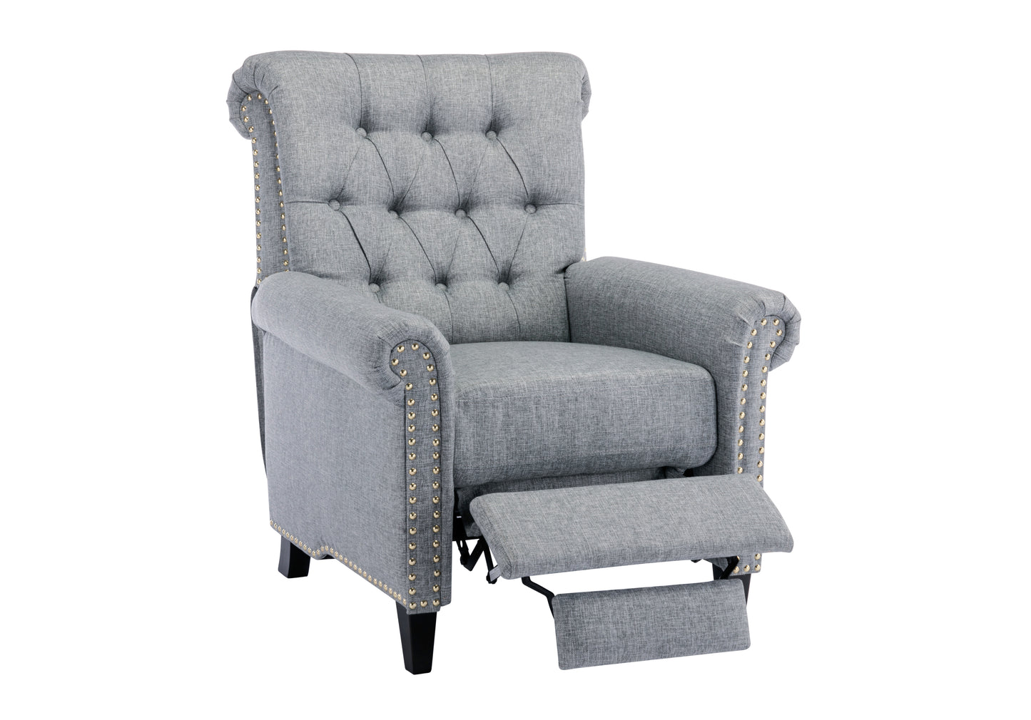 Elegant Gray Linen Recliner Sofa with Tufted Back and Nailheads Roll Arm