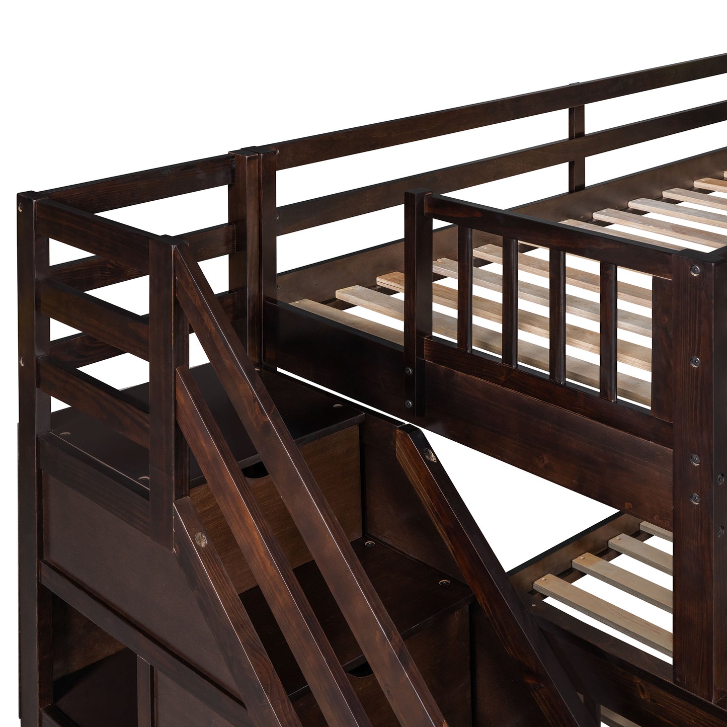 Espresso Twin over Full Bunk Bed with 3 Storage Drawers, Ladder, and Staircase