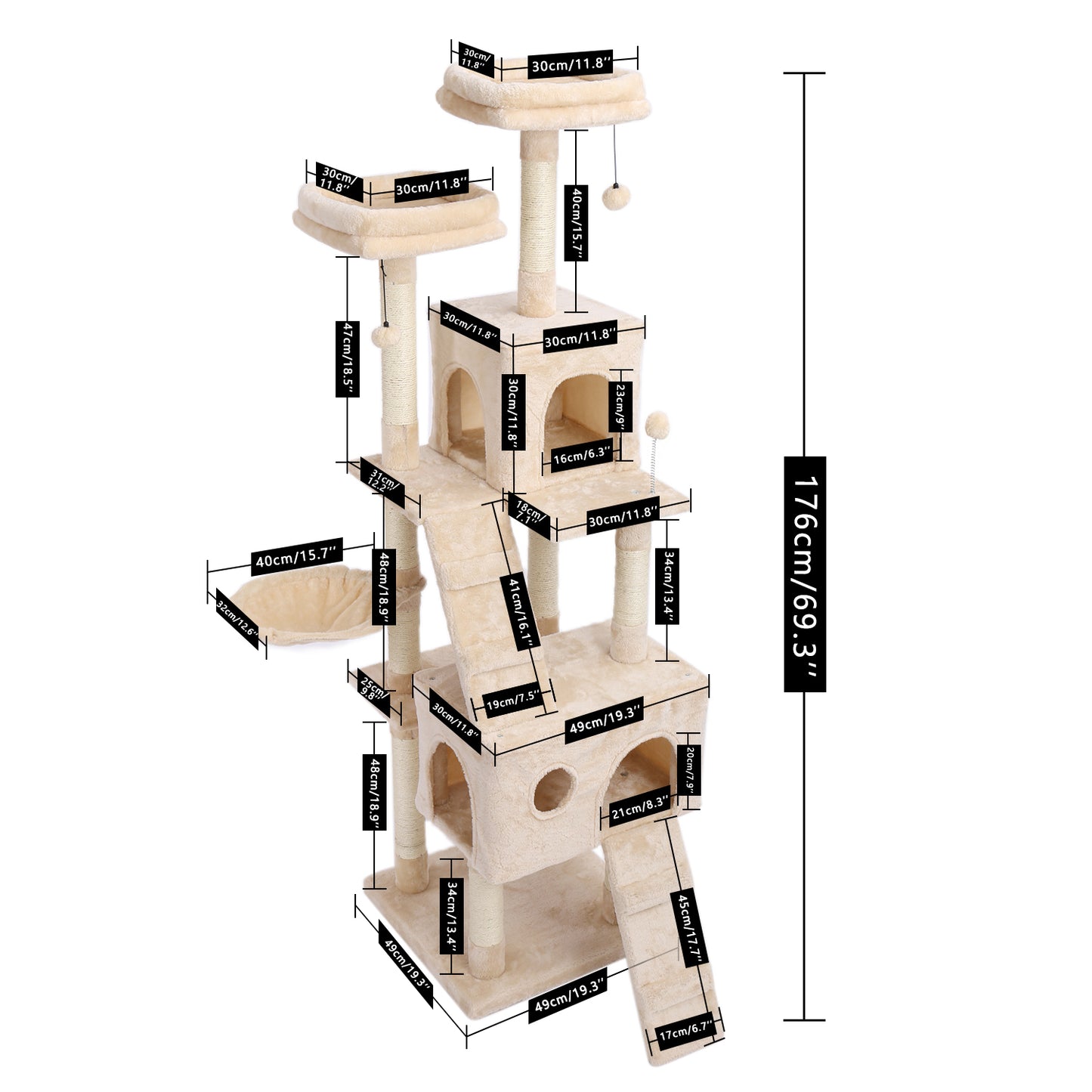 Cat Tree 69 Inches Cat Tower with 2 Condos and 2 Perches, Kitty Climber Tower Furniture, Upgraded Version Beige