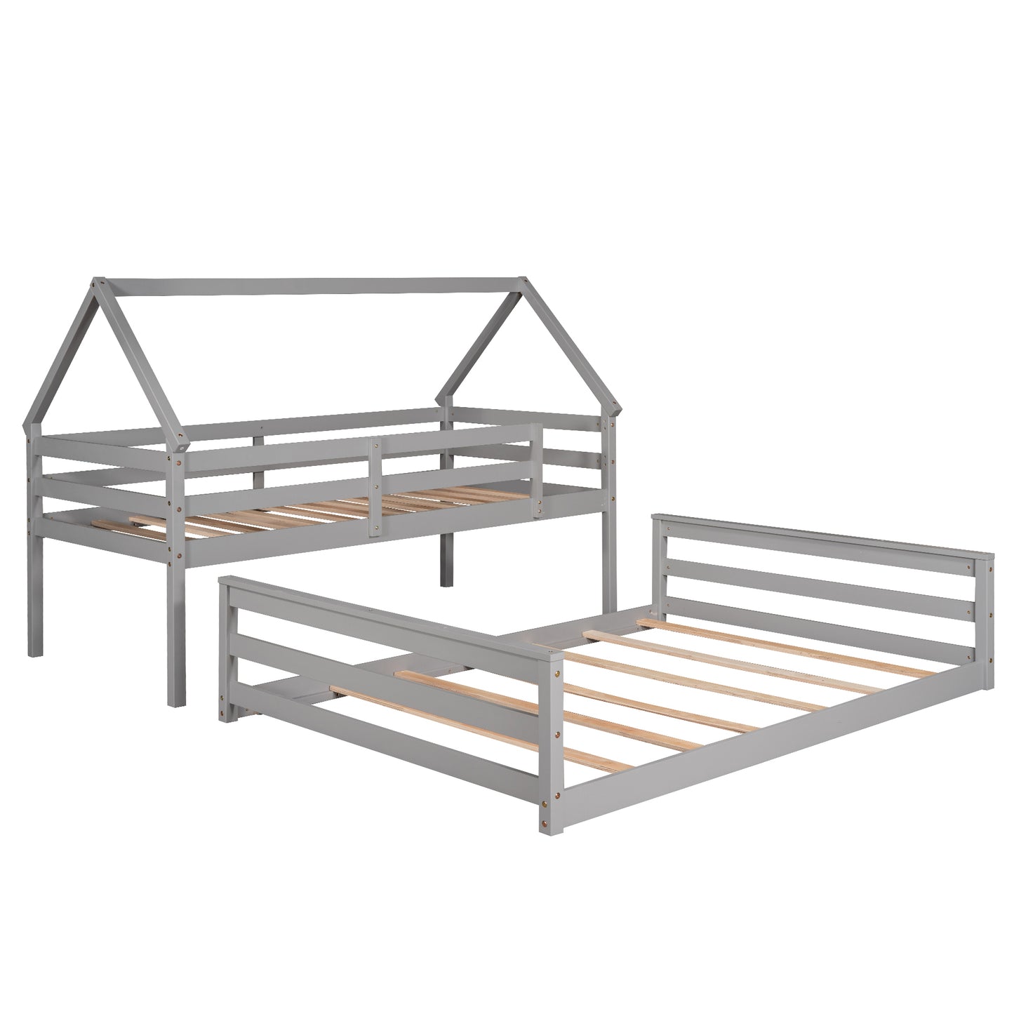 Gray Twin over Full House Bunk Bed with Loft Ladder