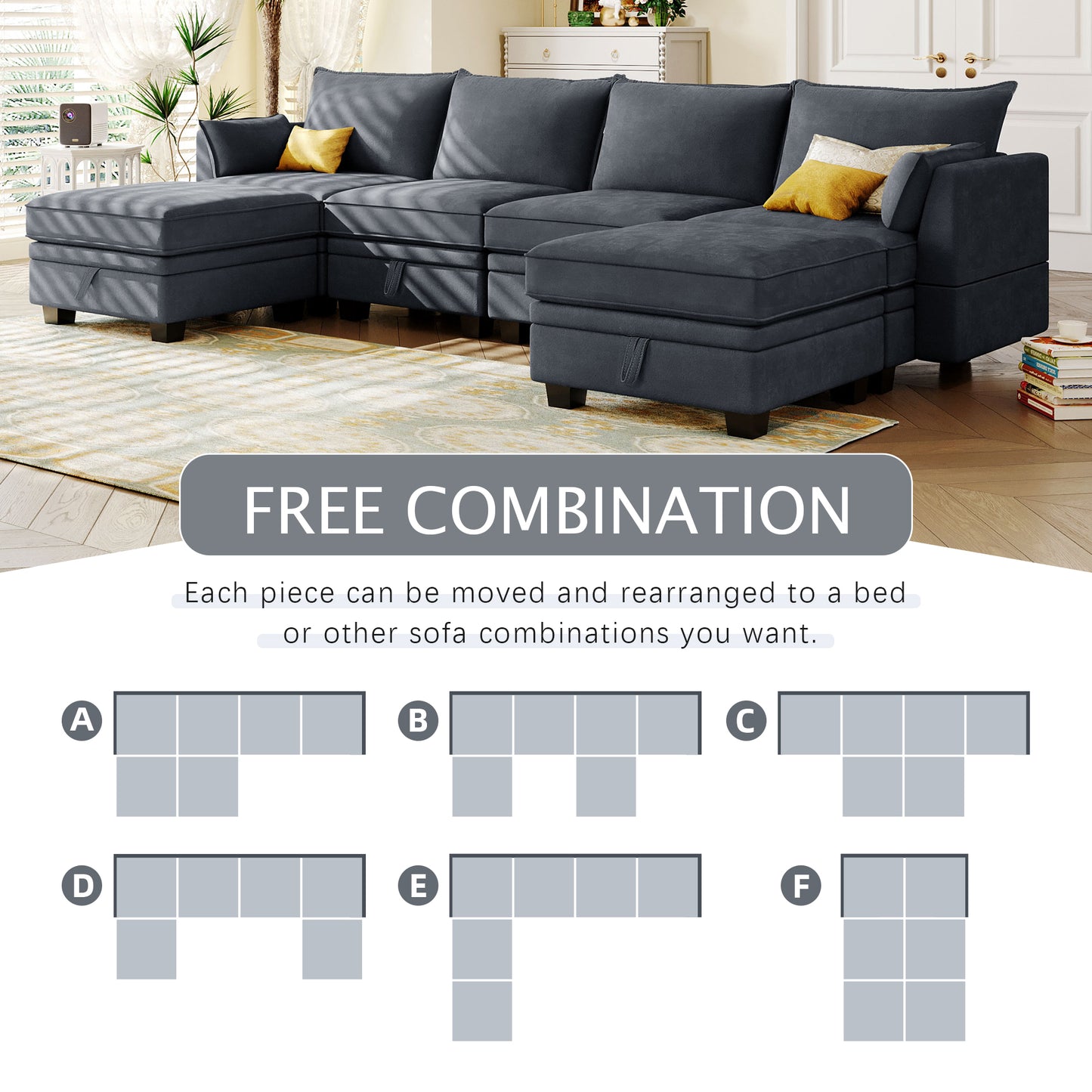 U_Style Modern Large U-Shape Modular Sectional Sofa,  Convertible Sofa Bed with Reversible Chaise for Living Room, Storage Seat