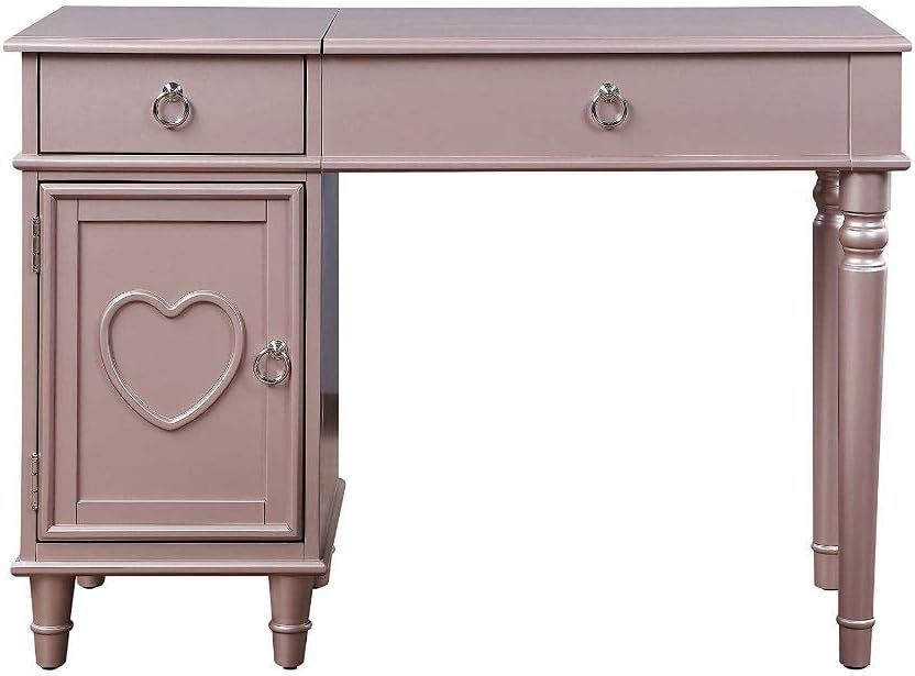 Bedroom Vanity Set w Stool Open Up Mirror Storage Space Drawers Rubber wood Ring Pull Handles Rose Gold Color Vanity