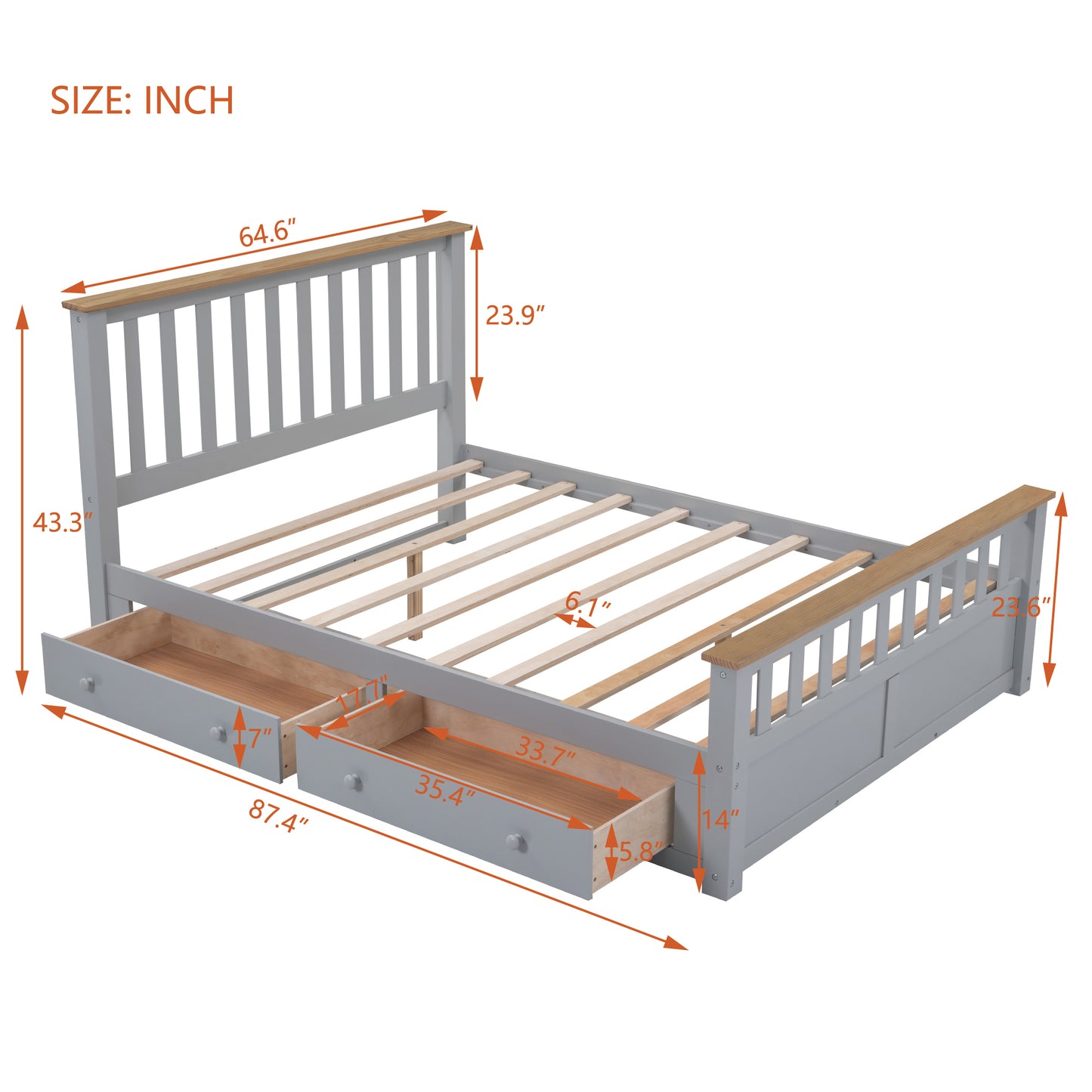 Queen Size Wood Platform Bed with Two Drawers and Wooden Slat Support,Gray+Natrual