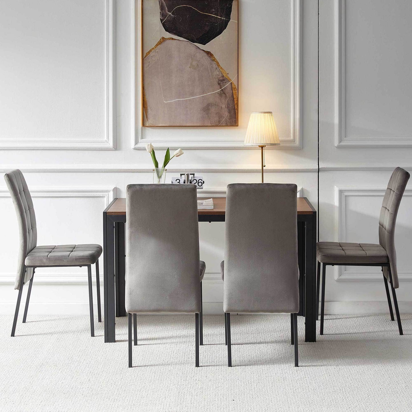 5-Piece Dining Set Including Grey Velvet High Back Nordic Dining Chair & Creative Design MDF Dining Table