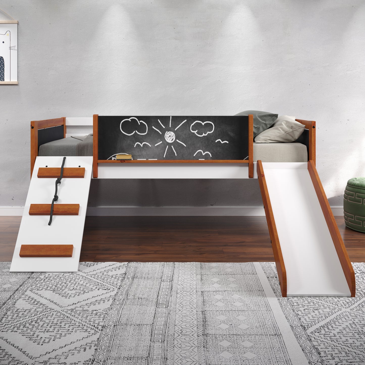 Aurea Twin Loft Bed w/Slide, Cherry Oak & White Finish BD01409