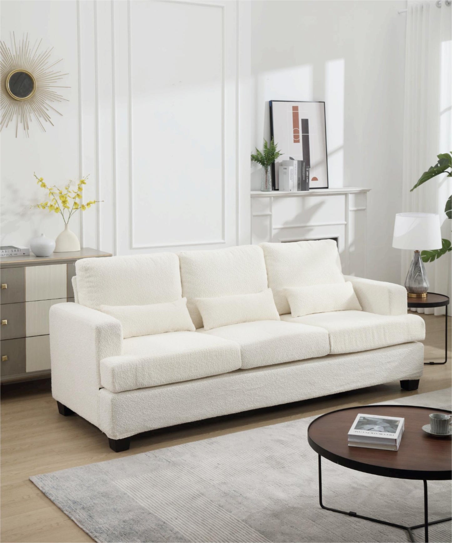 Elegant 3-Seater Modern White & Gray Sofa with Square Armrests and Removable Cushions