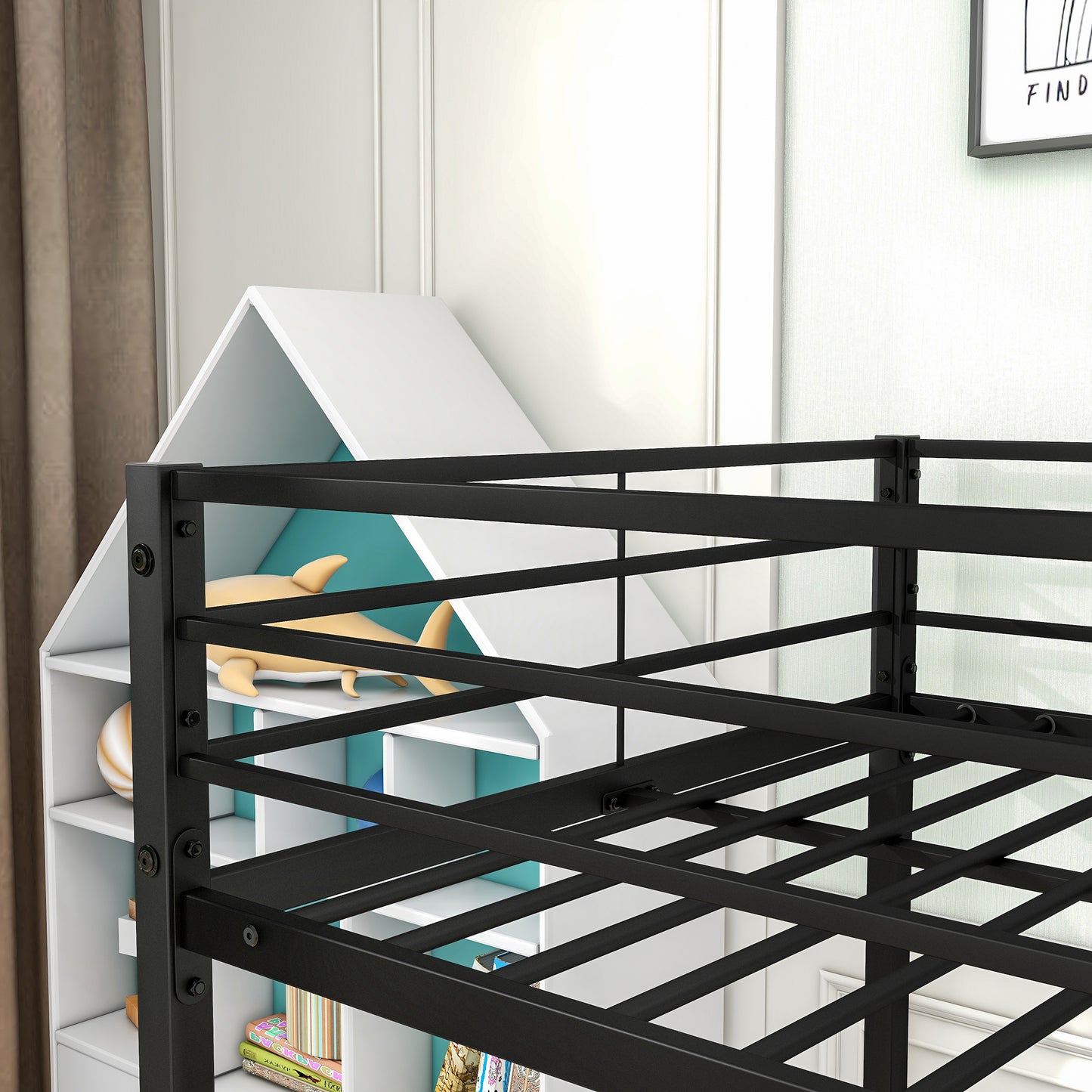 Black Finish Metal Twin Over Twin Bunk Bed with Safety Guard Rails