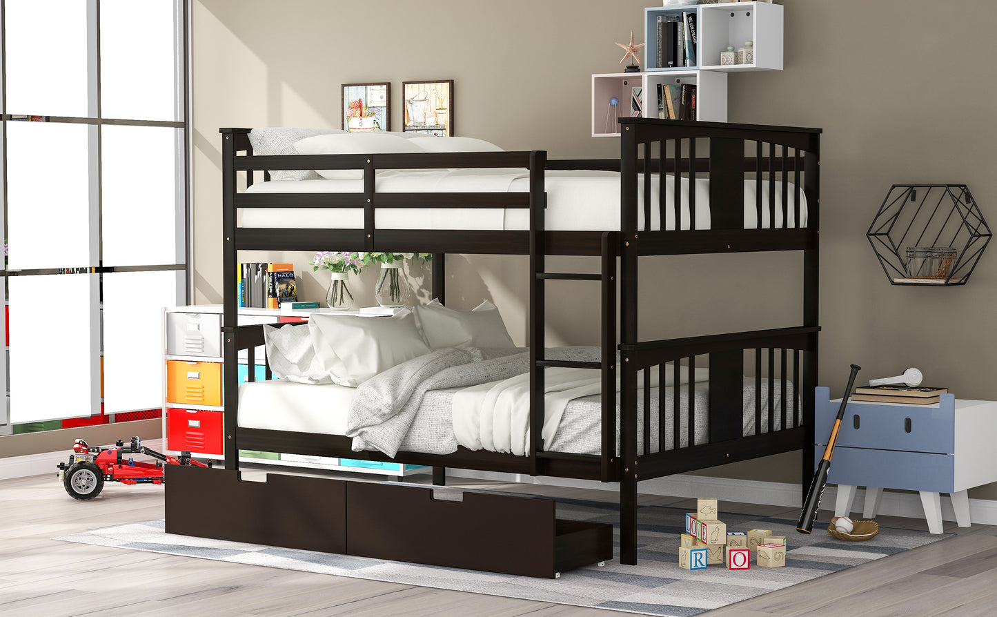 Espresso Finish Full over Full Bunk Bed with Drawers and Ladder for Bedroom Decor