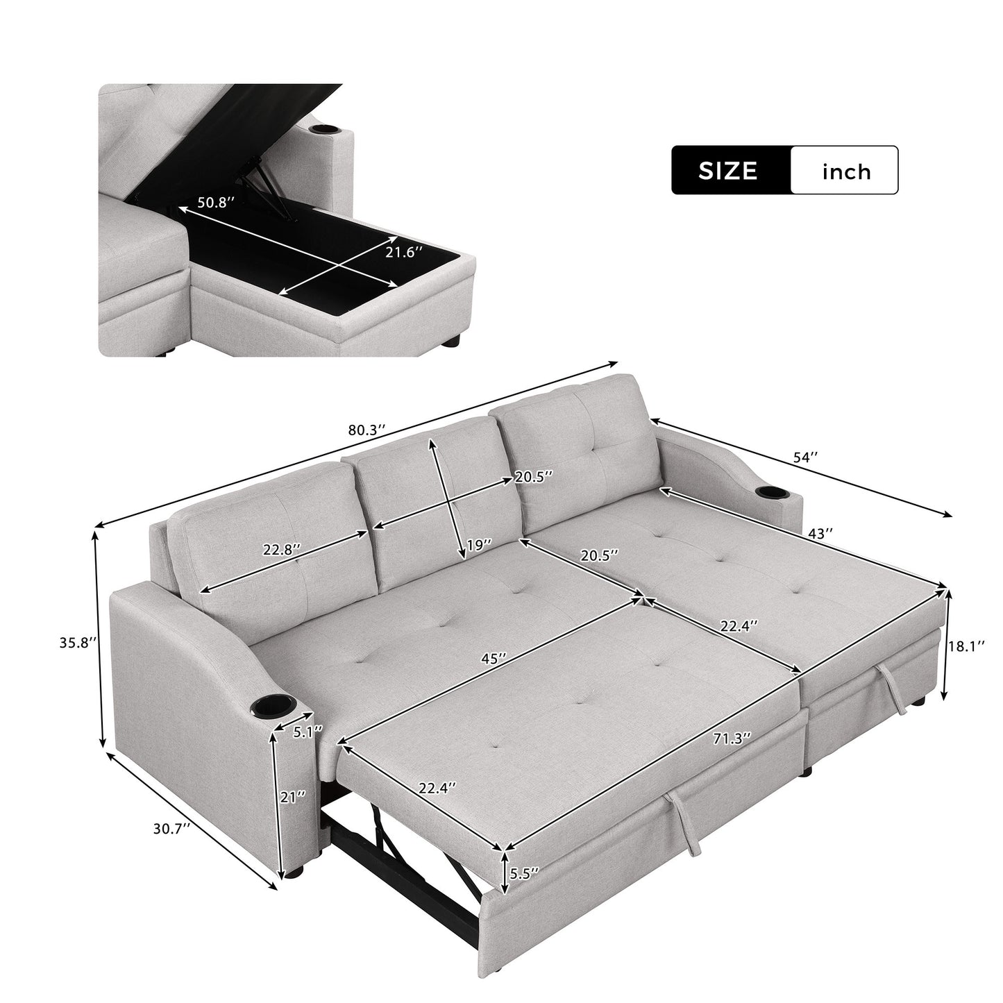 Orisfur Pull Out Sofa Bed with Storage Chaise and Cup Holder