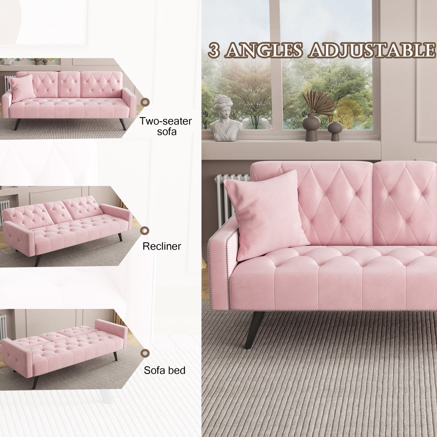 72 Pink Velvet Sofa Bed with Nail Head Trim and Two Cup Holders for Small Spaces