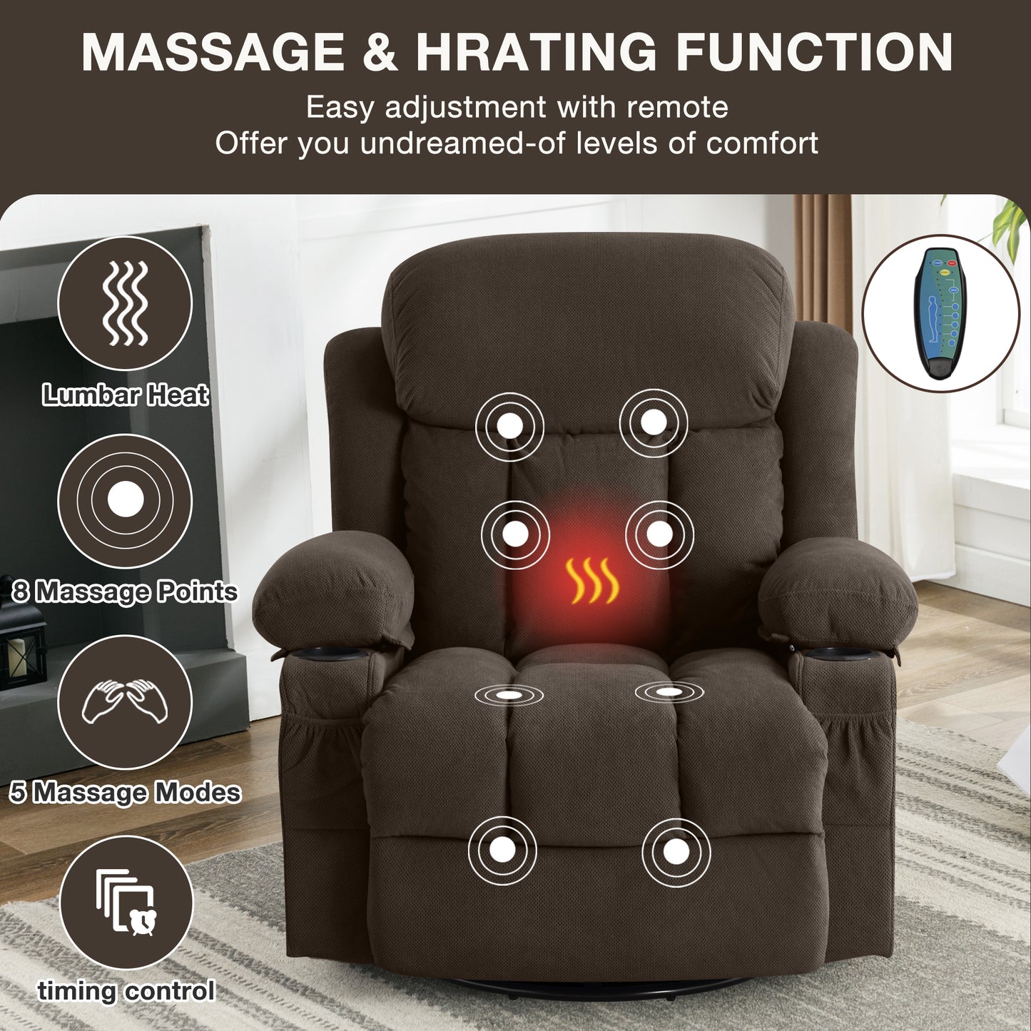 Luxurious Brown Swivel Massage Heated Recliner with USB and Cup Holders