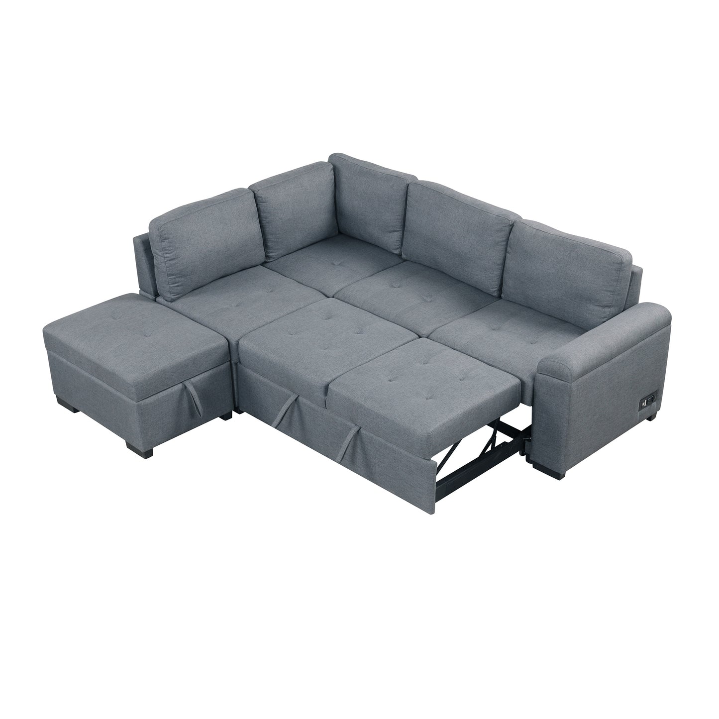 L-Shaped Sleeper Sectional Sofa with Ottoman and USB Charge, Dark Gray