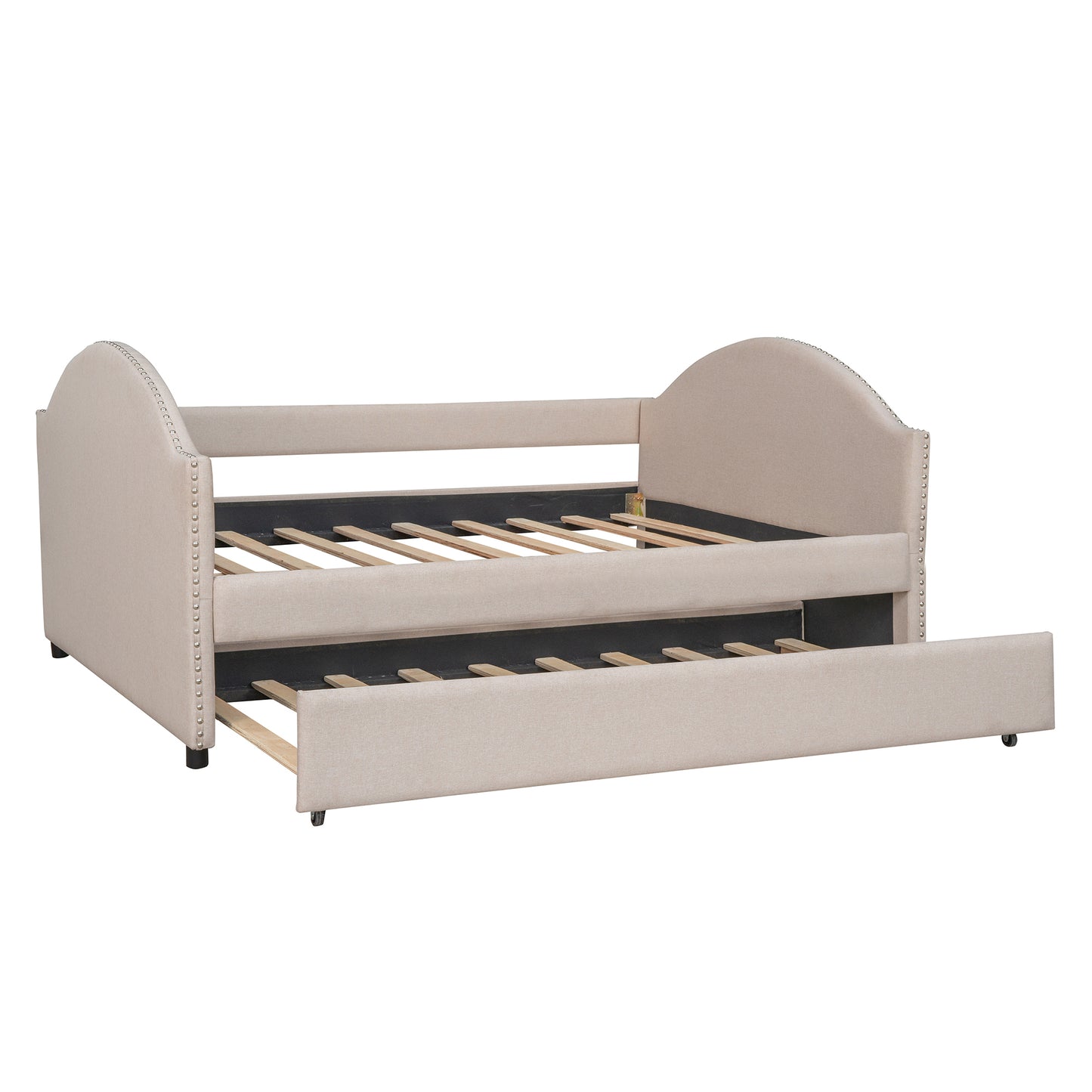 Full size Upholstered Daybed with Twin Size Trundle, Wood Slat Support, Beige