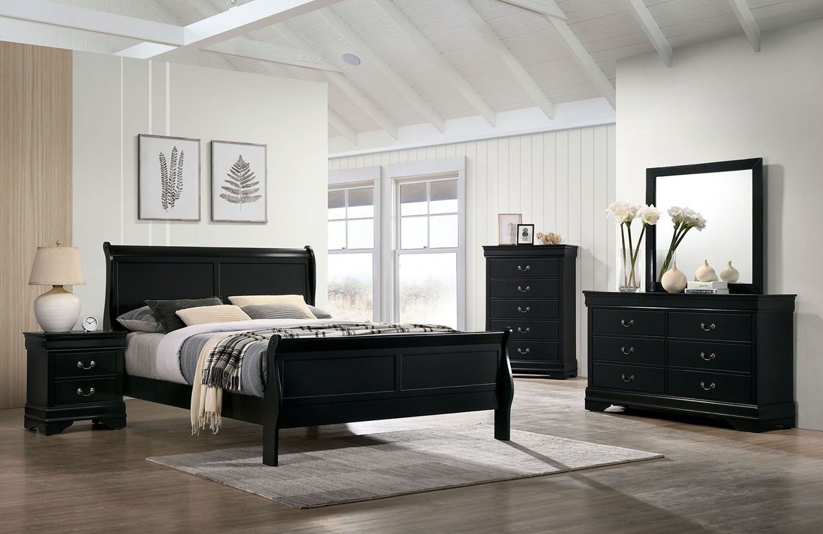 Queen Size Bed Black Louis Phillipe Solidwood 1pc Bed Bedroom Sleigh Bed