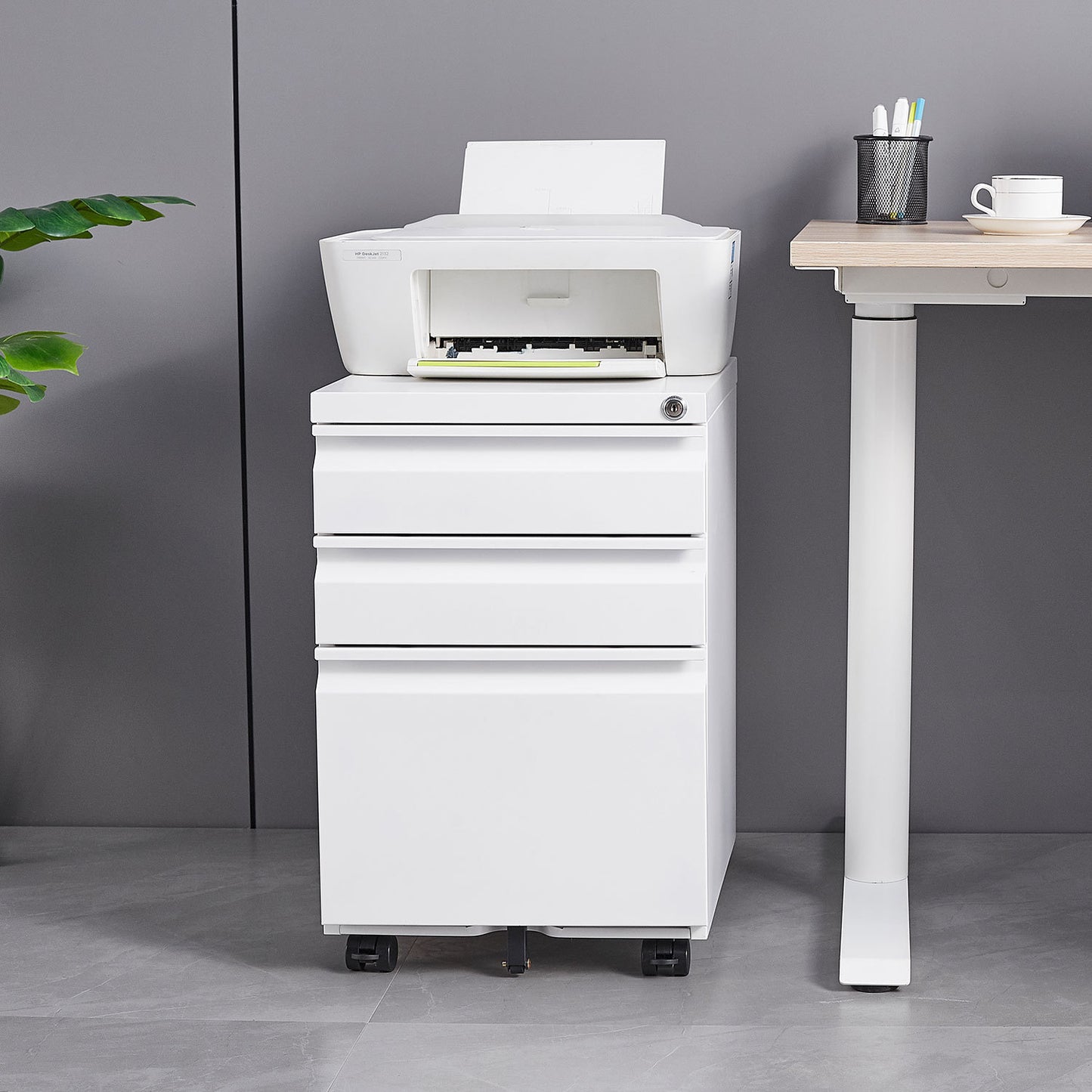 Mobile 3-Drawer Filing Cabinet with Lock, White Metal Office Storage for Legal/Letter Size Files