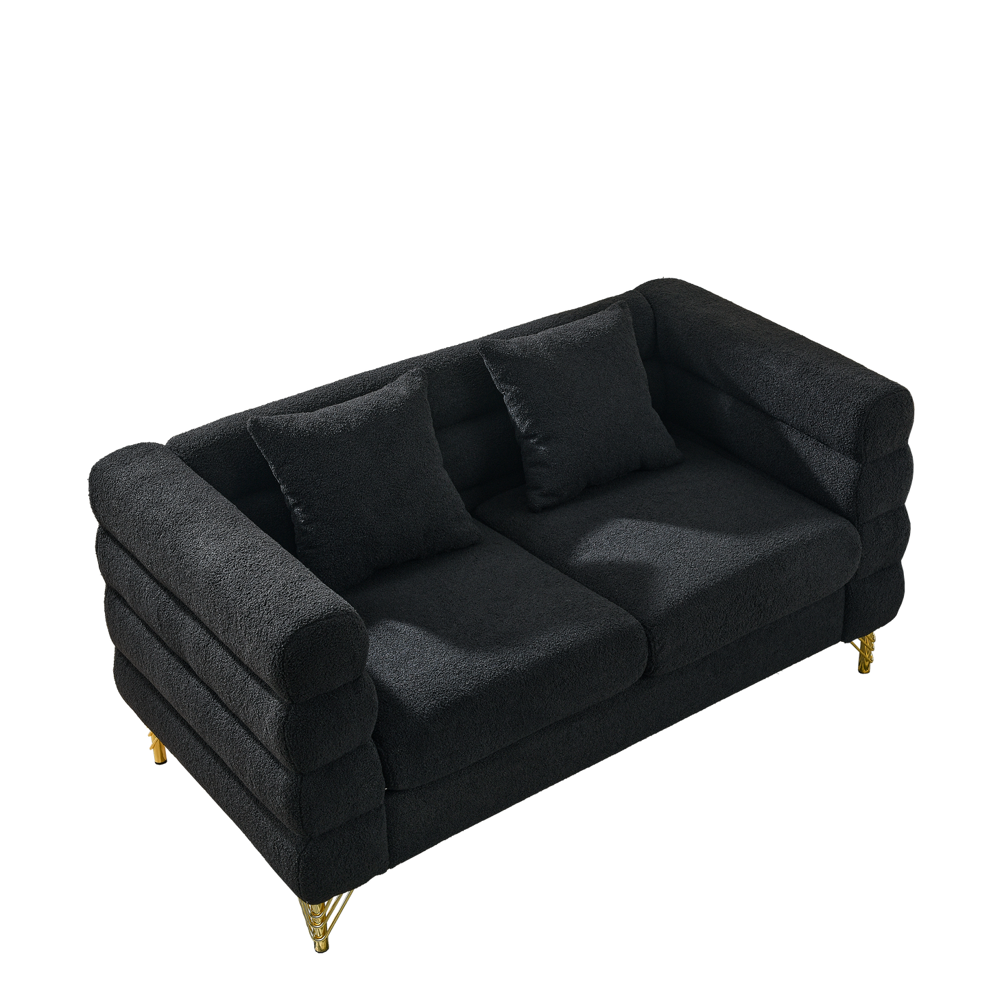 60-Inch Oversized 2 Seater Sectional Sofa with 2 Pillows, Black Teddy Fabric