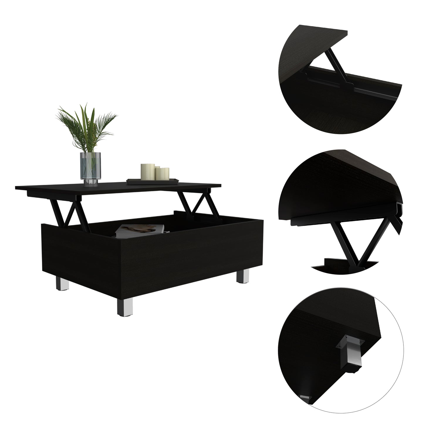 Modern Black Wengue Lift Top Coffee Table with Storage