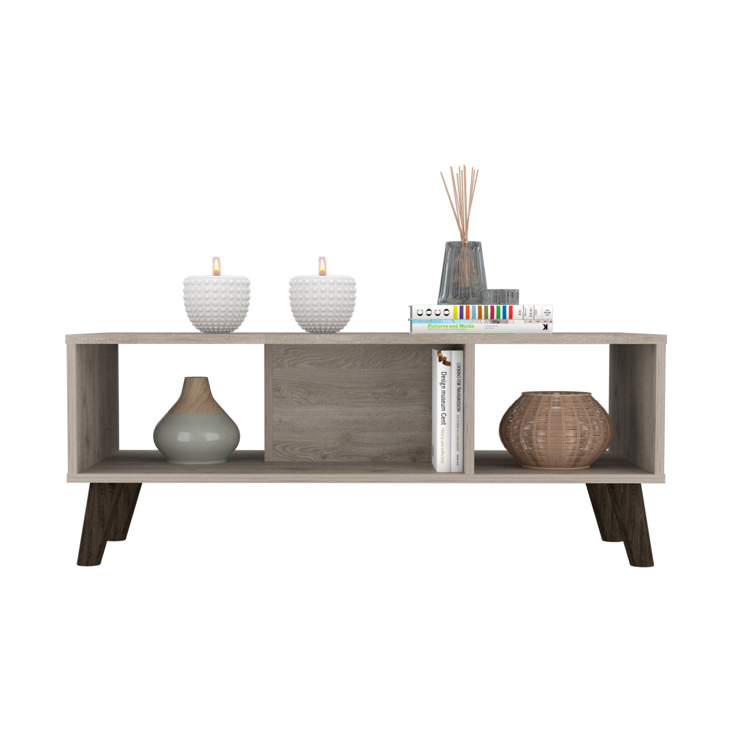 Coffee Table Plex with Light Gray Finish, Two Open Shelves, and Sturdy Legs