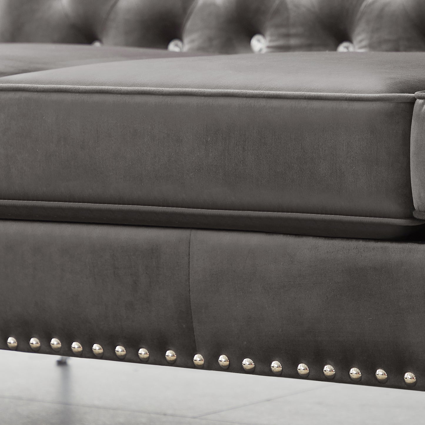 Modern Velvet Sofa with Jeweled Buttons and Tufted Square Arms, Grey, 2 Pillows Included