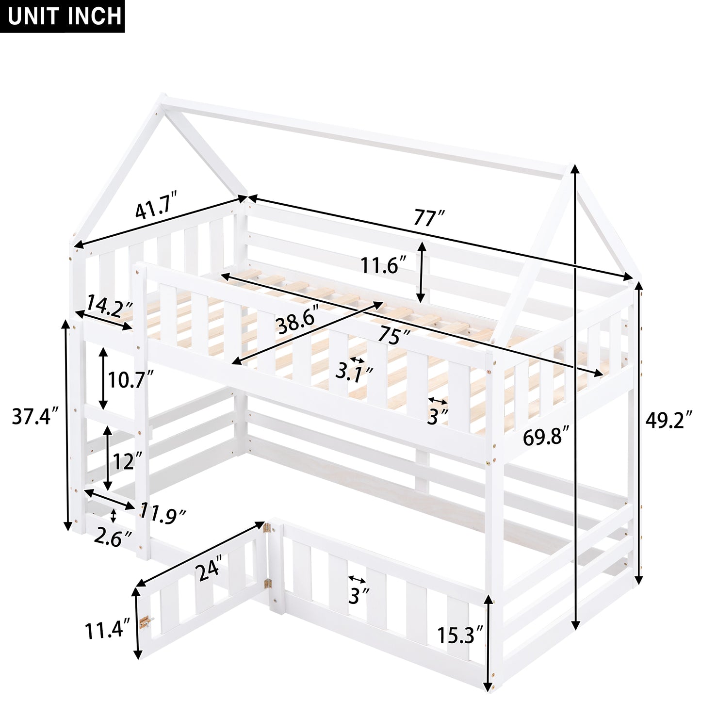 Enchanted White Twin over Twin House Bunk Bed with Playful Fence and Entryway