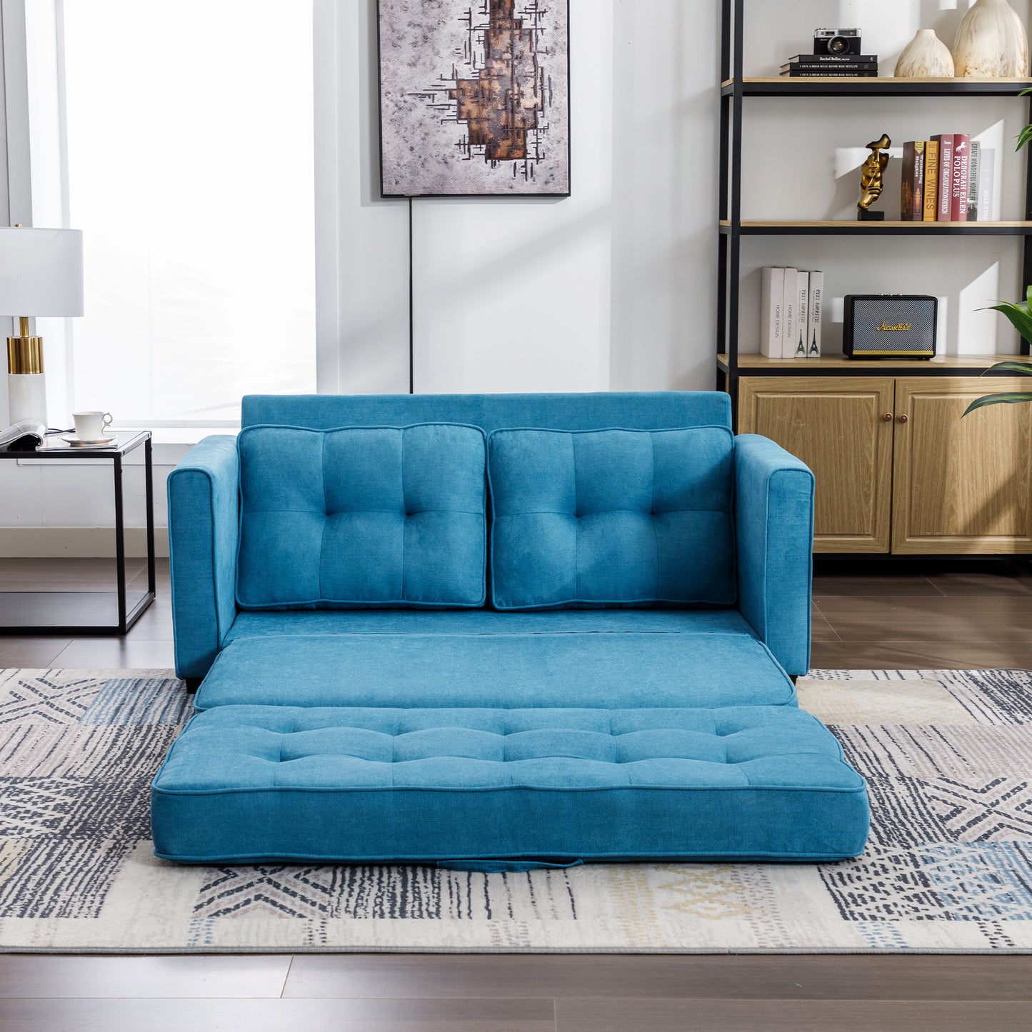 Modern Blue Loveseat Sofa with Pull-Out Bed and Storage Pockets