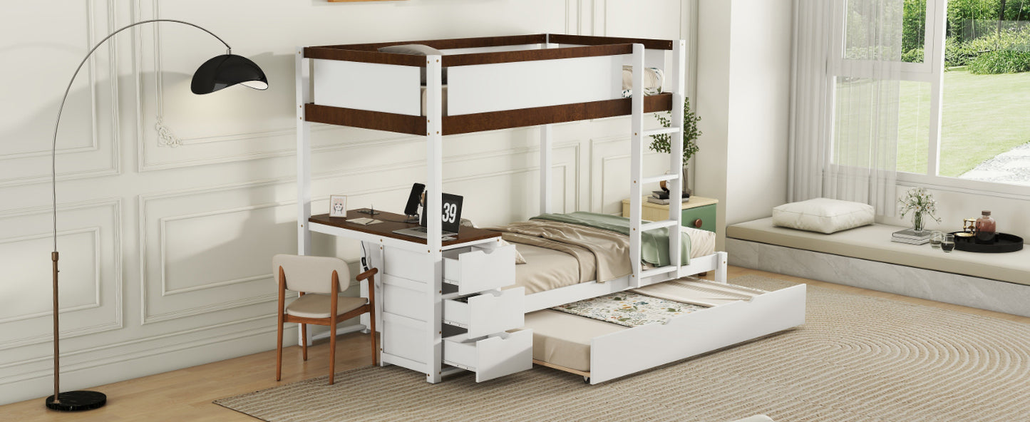 Twin Bunk Bed with Trundle, Storage, Desk, White-Walnut Finish & Maximized Space Storage Solution