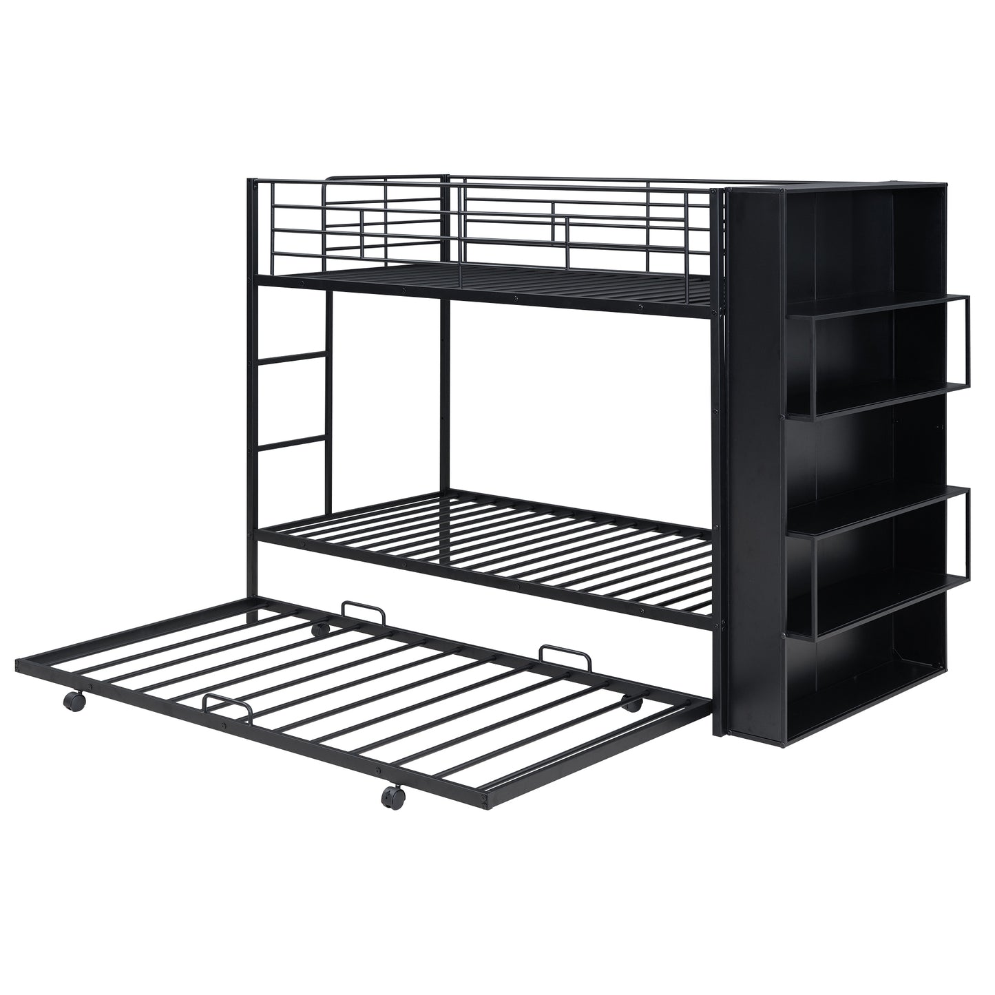 Twin Size Black Metal Bunk Bed with Integrated Bookshelf