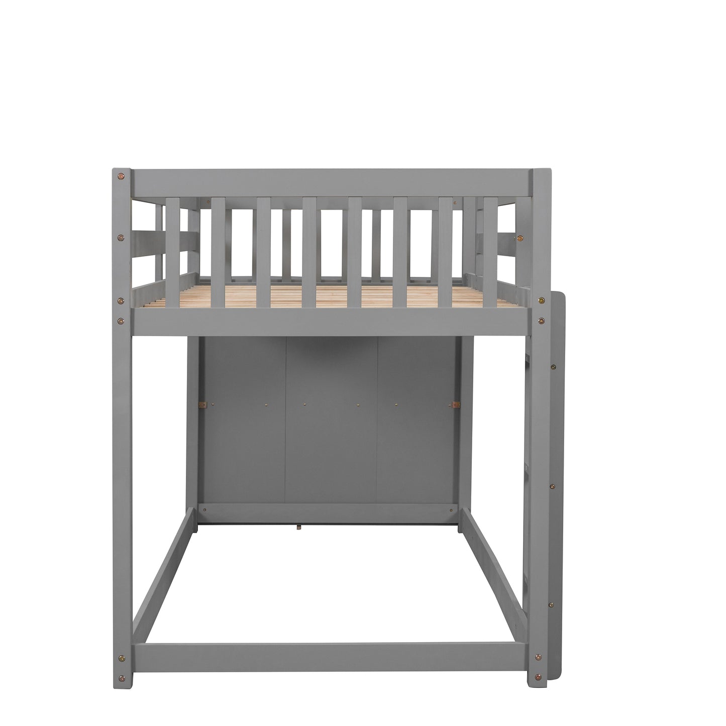 Space-Saving Gray Twin Bunk Bed with Storage and Built-in Shelves for Twin over Twin Configuration