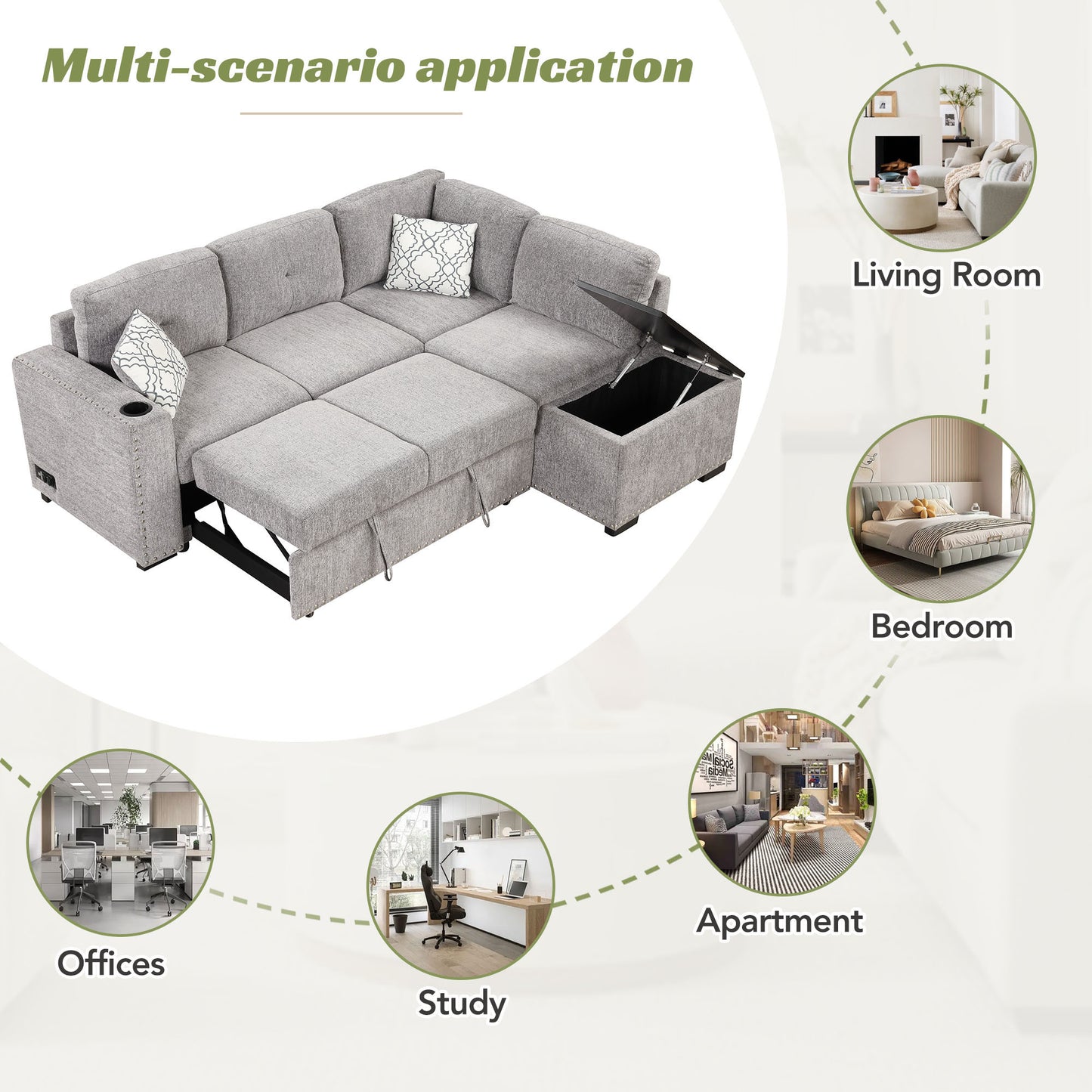 Convertible L-Shaped Sectional Sleeper Sofa with Storage Chaise and Charging Ports in Light Gray