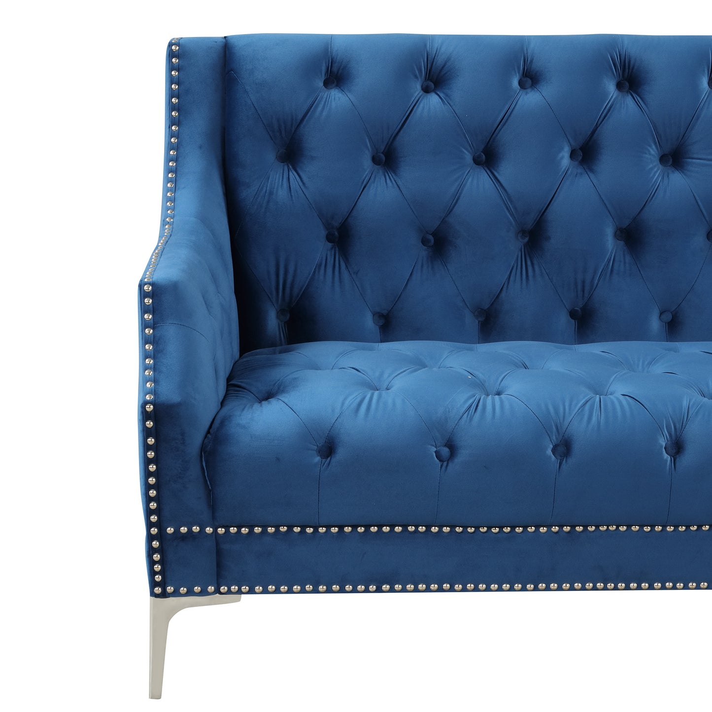 Button Tufted Back Blue Modern Sofa with Metal Legs and Plush Upholstery - 55.5