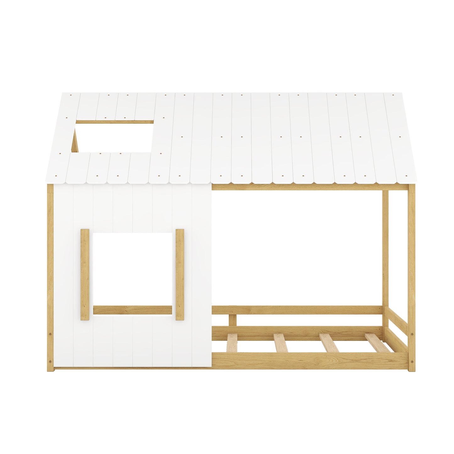 Full Size House Bed with Roof and Window - White+Natural