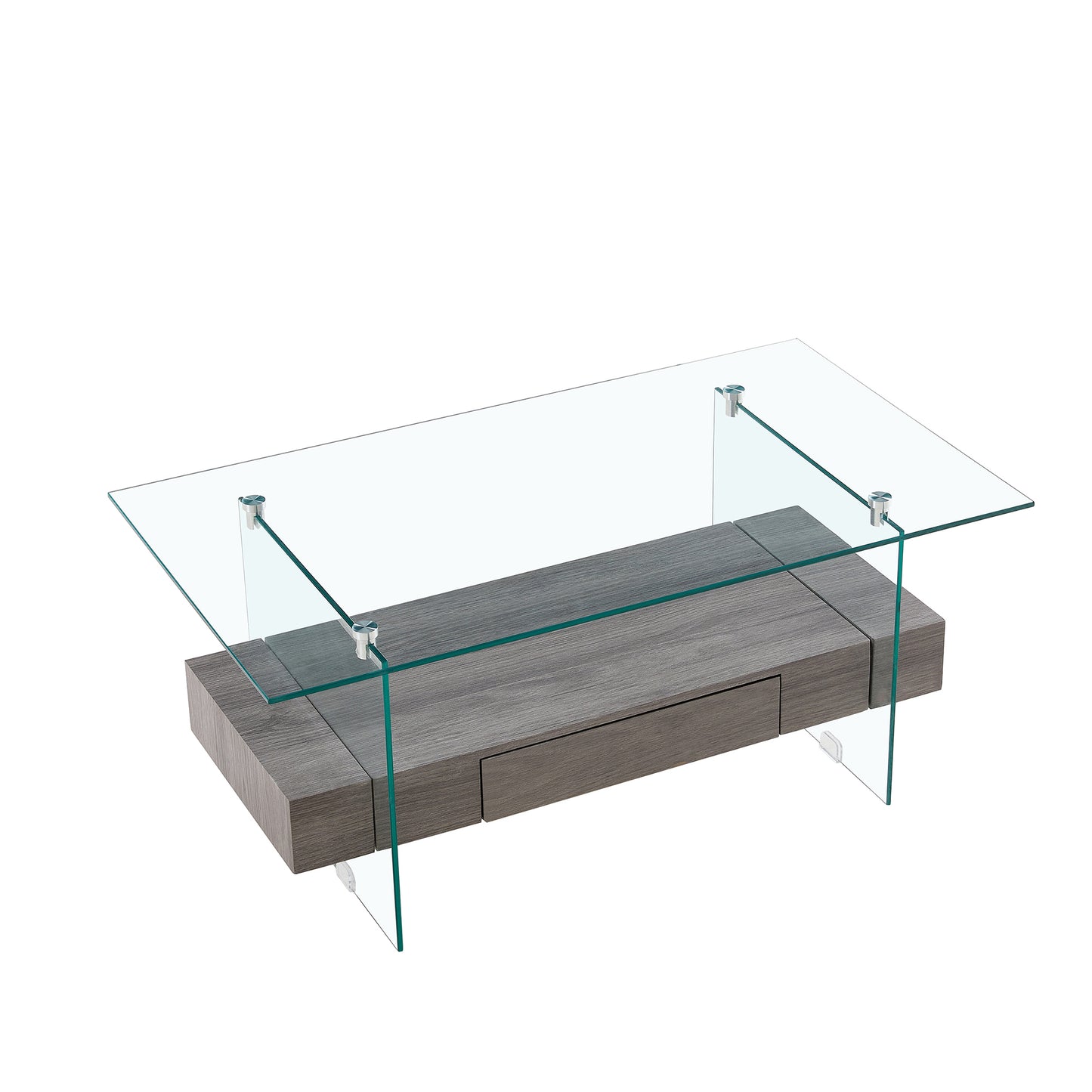 Modern Gray and Transparent Tempered Glass Coffee Table with Storage功能 and Non-Slip Legs