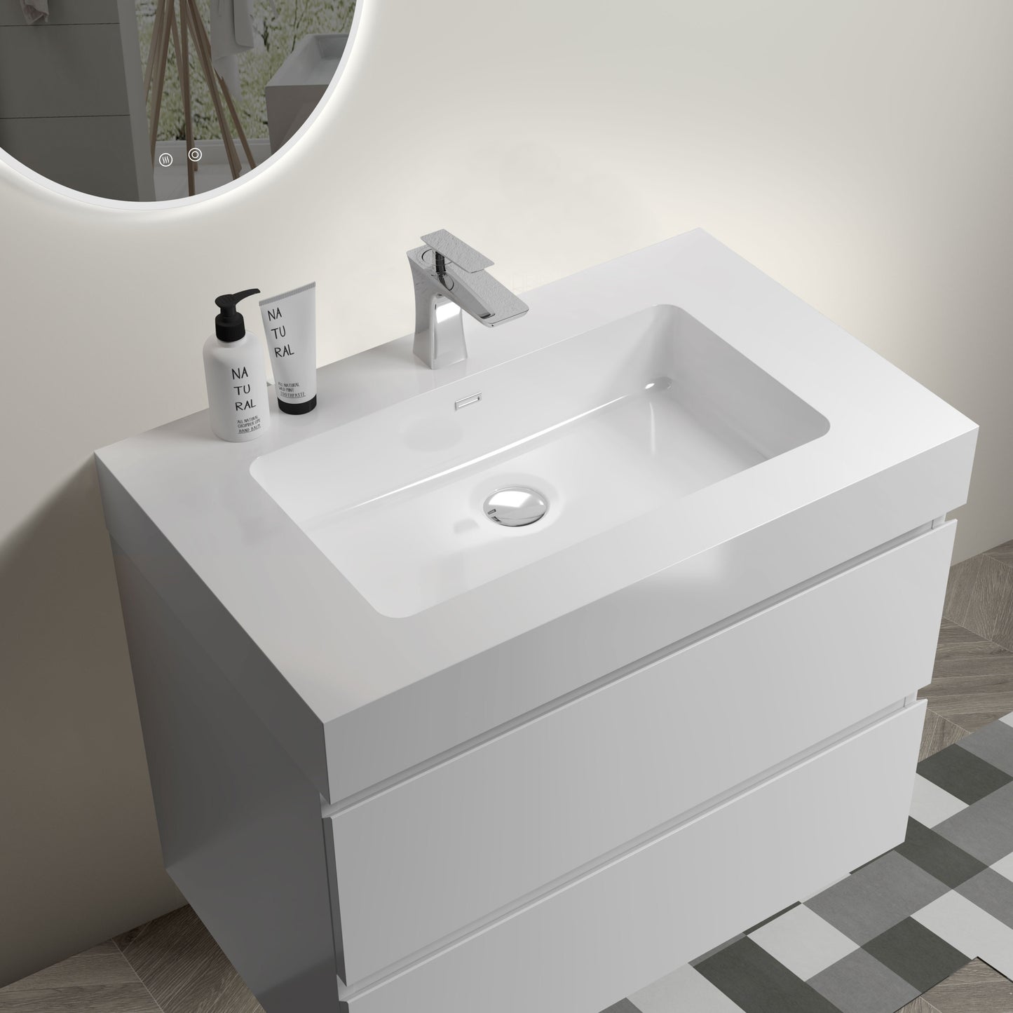 BB02-30-101, Integrated solid surface basin WITHOUT drain and faucet, glossy white color