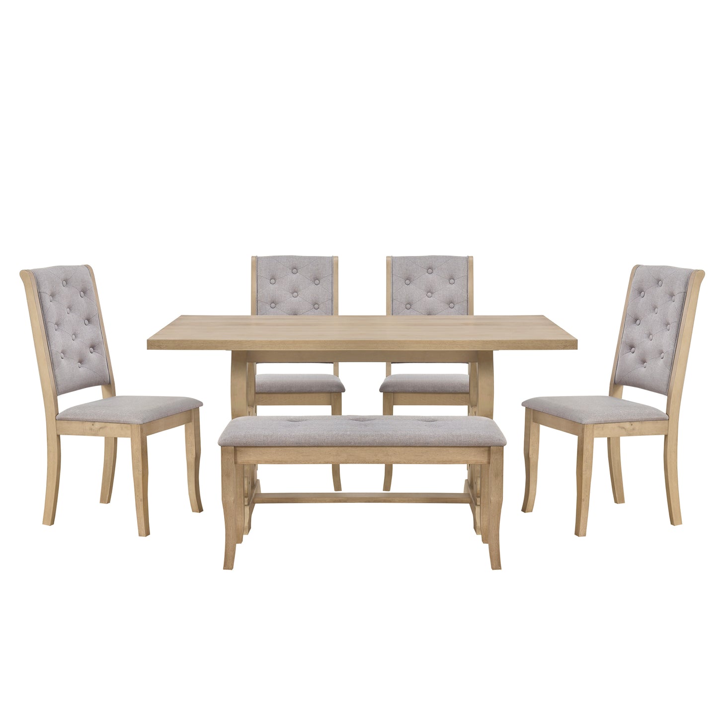 TREXM 6-Piece Retro Dining Set with Unique-designed Table Legs and Foam-covered Seat Backs&Cushions for Dining Room (Grey Wash)